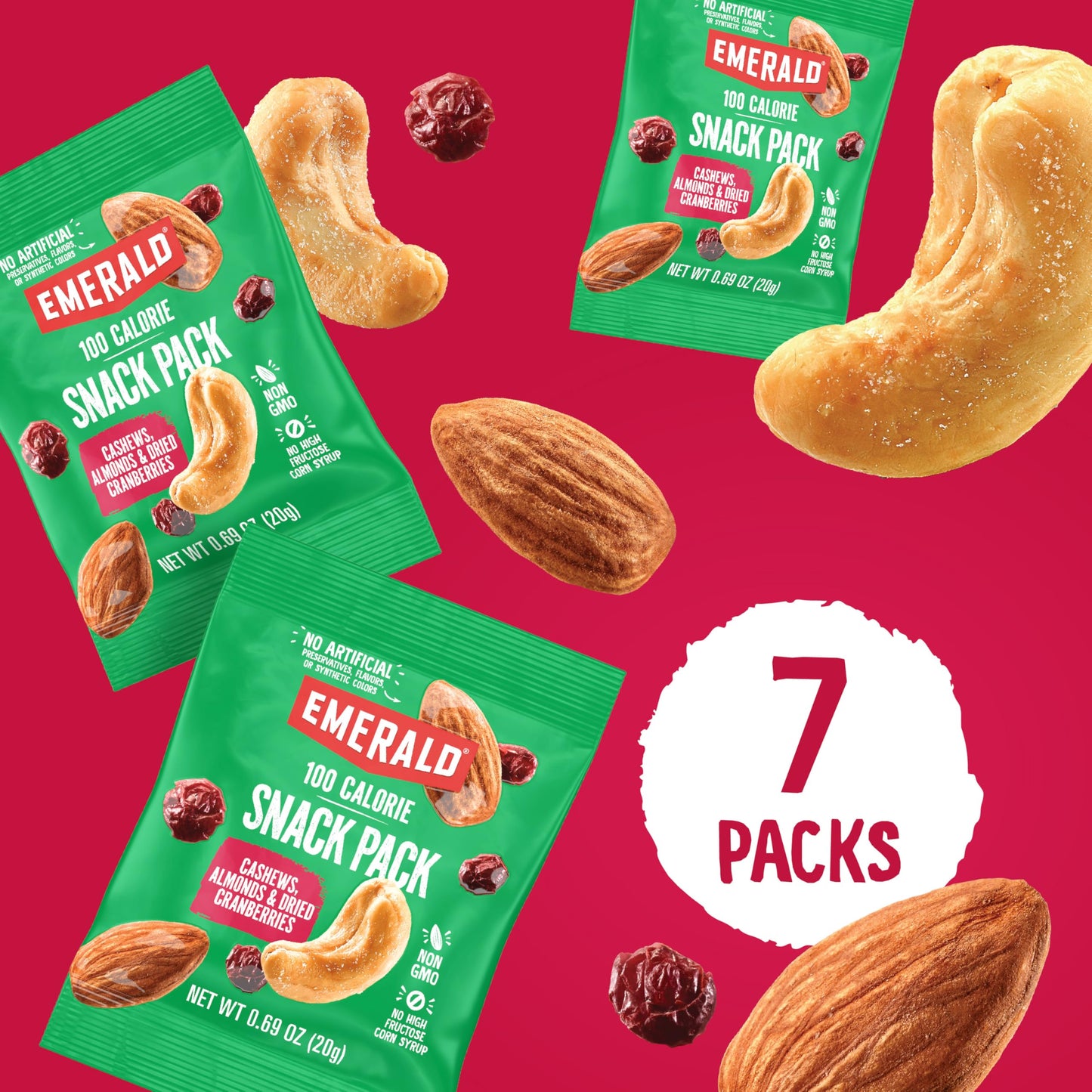 Emerald Nuts Cashews and Almonds with Dried Cranberries 7 Ct (1-Pack) | 100-Calorie Individual Packs of Nut Blend and Dried Fruit | Kosher Certified