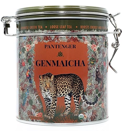 Pantenger Organic Genmaicha | Japanese Green Tea Loose Leaf 3.5 OZ | Sencha Tea Leaves With Roasted Brown Rice | Resealable Tea Tin