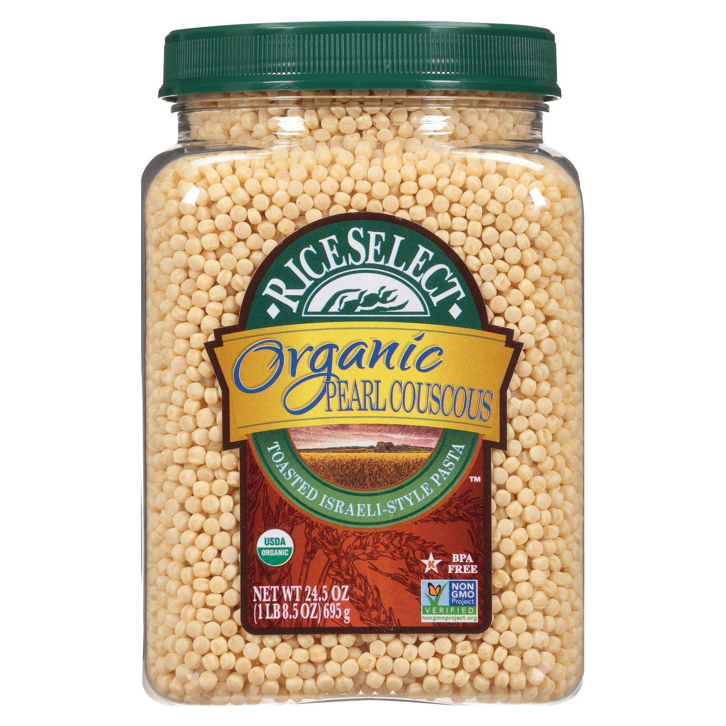 RiceSelect Organic Pearl Couscous, Premium Israeli-Style Wheat Couscous Pasta, Non-GMO, Kosher, 24.5oz Jar (Pack of 1)