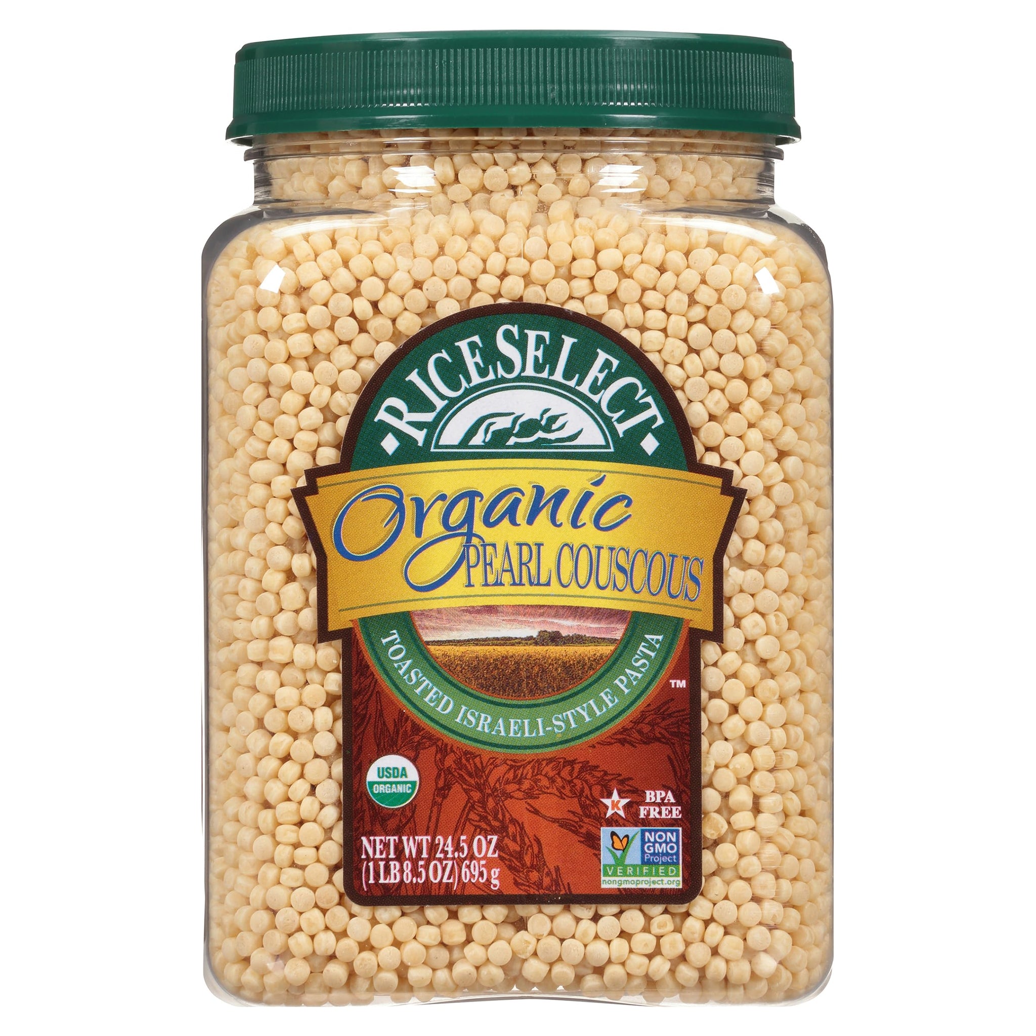RiceSelect Organic Pearl Couscous, Premium Israeli-Style Wheat Couscous Pasta, Non-GMO, Kosher, 24.5oz Jar (Pack of 1)