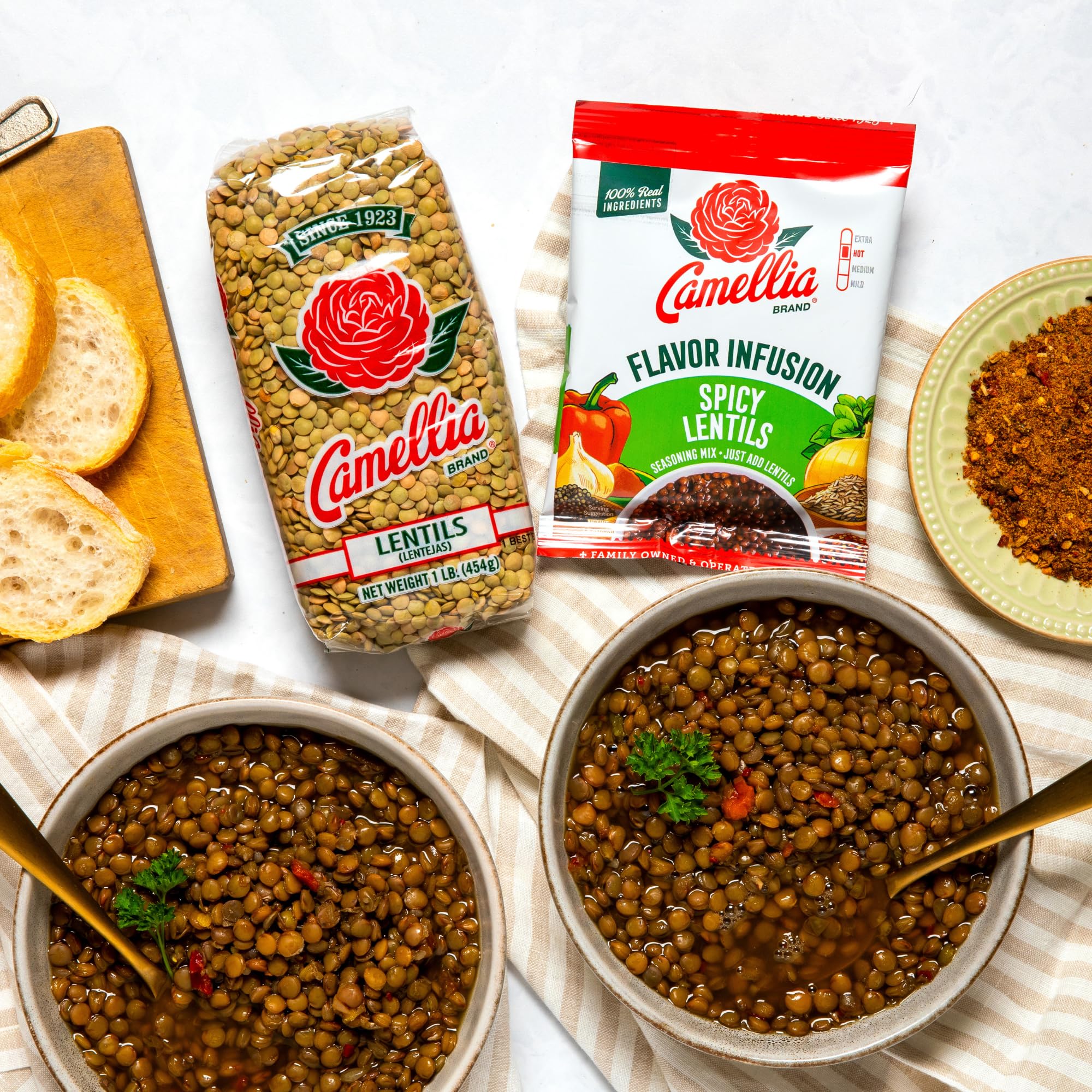 Camellia Beans Spicy Lentils Flavor Infusion Seasoning Mix - Savory Cumin, Garlic & Chili Blend with Vegetables - All-Natural, Non-GMO, No MSG