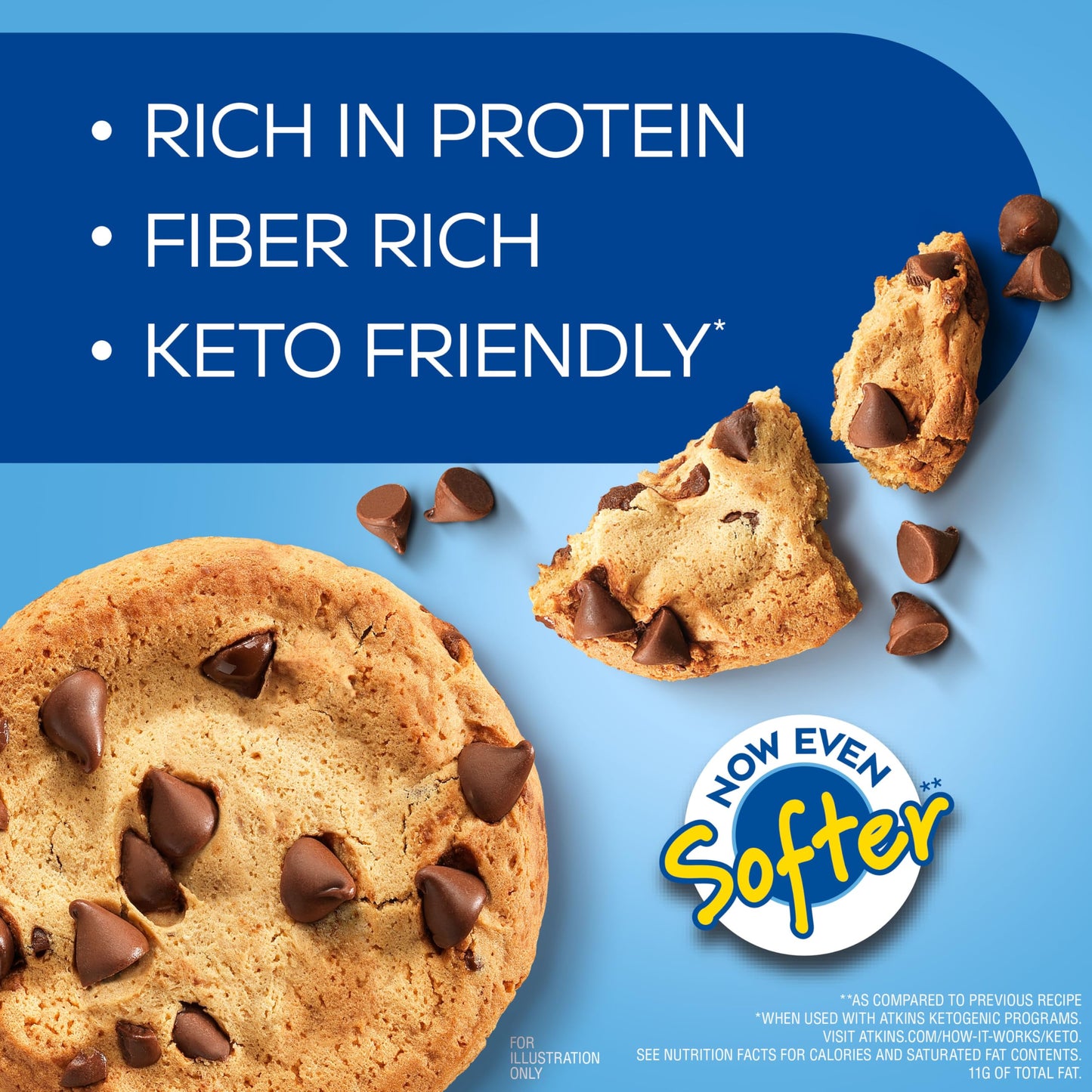 Atkins Chocolate Chip Protein Cookie, Protein Dessert, Rich in Fiber, 3g Net Carb, 1g Sugar, Keto Friendly, 4 Count