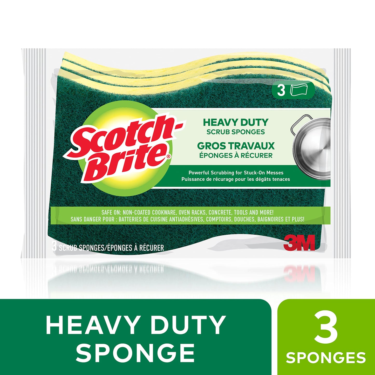 Scotch-Brite MMMHD3 Heavy Duty Scrub Sponge, Yellow & Green, 3 Per Pack