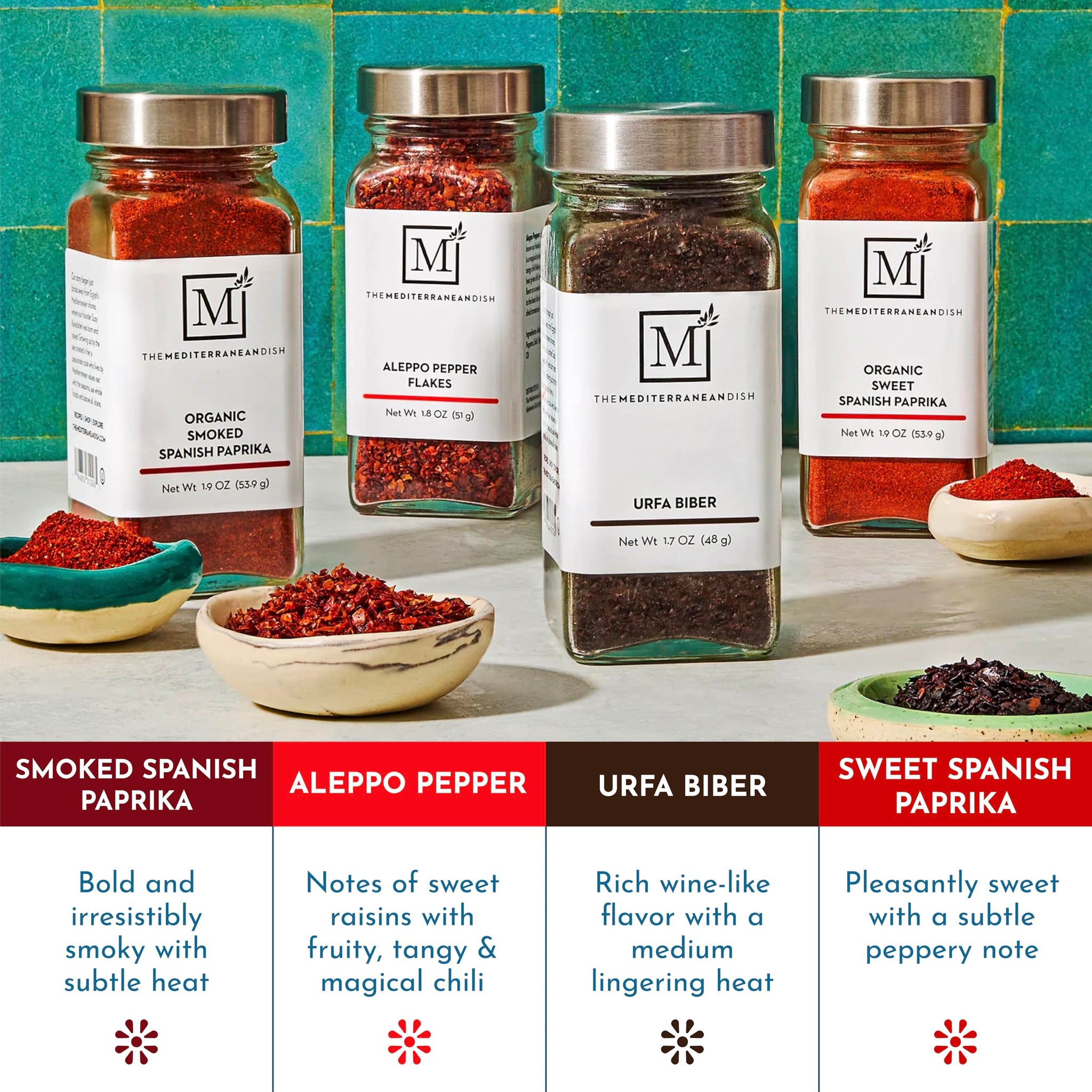 The Mediterranean Dish Pepper Spice Bundle - Aleppo Pepper, Sweet and Smoked Spanish Paprika, Urfa Biber - Mild to Medium Heat Chili Spices - Gourmet