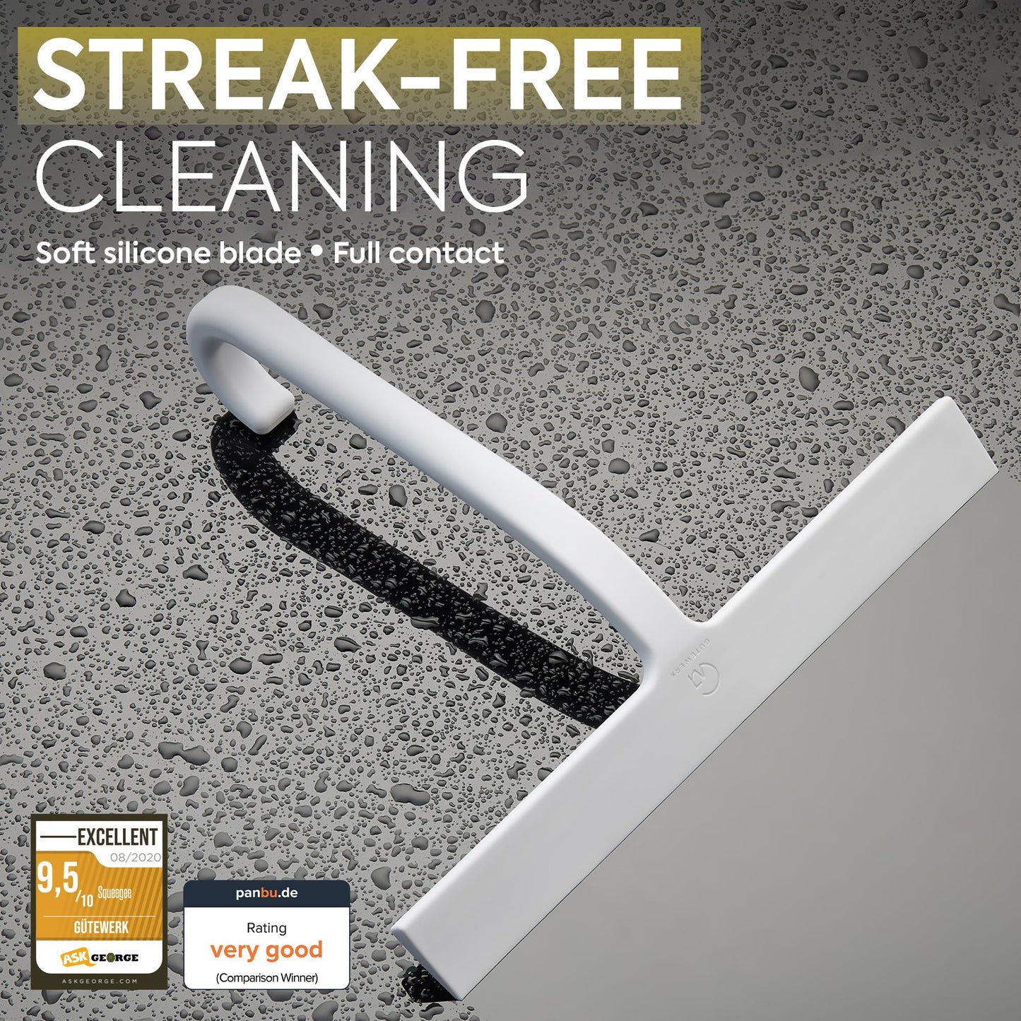 GÜTEWERK Shower Squeegee for Glass Doors - Bathroom Squeegee for Shower Glass & Tile Walls, Streak-Free & No-Squeak Silicone Blade, Stainless Steel
