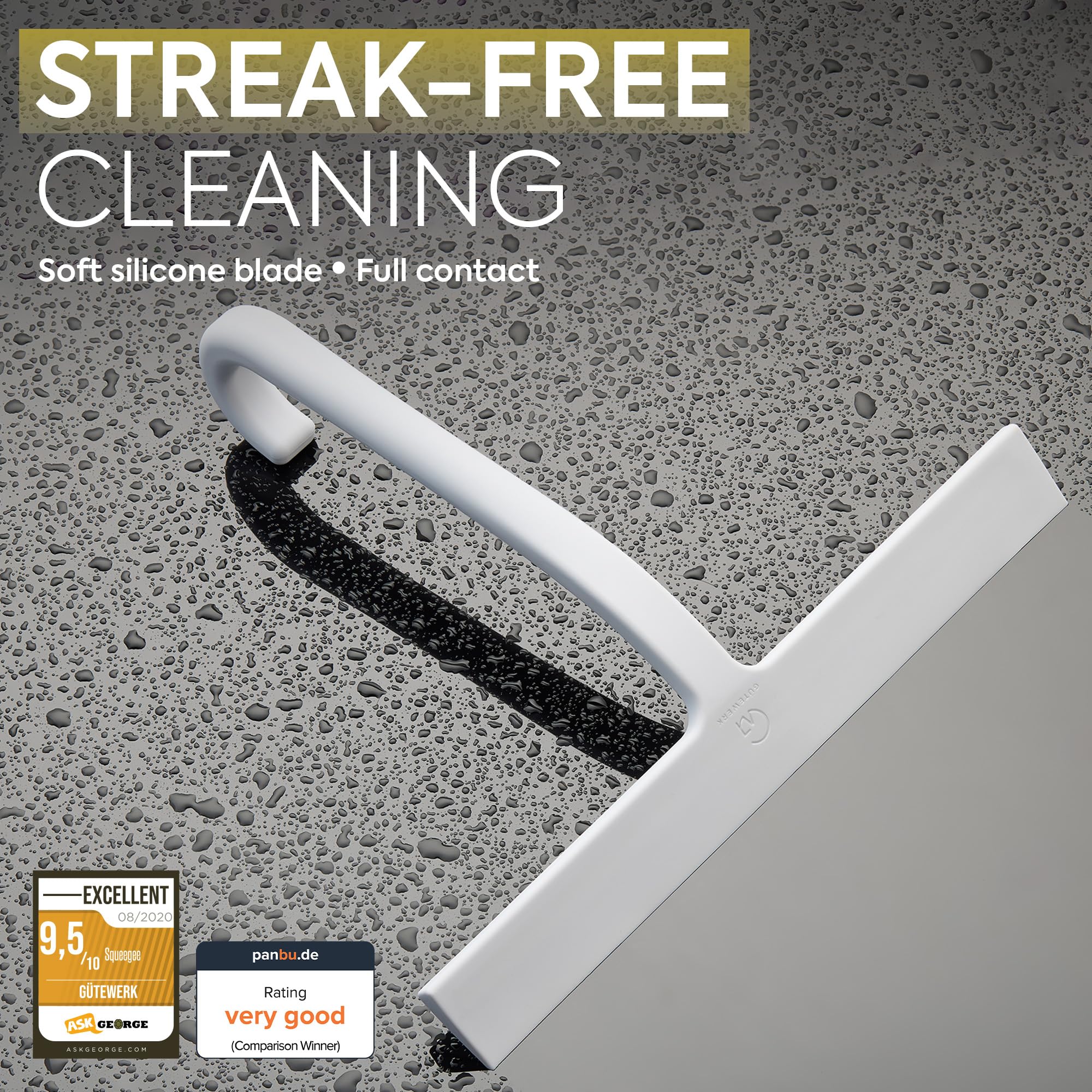 GÜTEWERK Shower Squeegee for Glass Doors - Bathroom Squeegee for Shower Glass & Tile Walls, Streak-Free & No-Squeak Silicone Blade, Stainless Steel