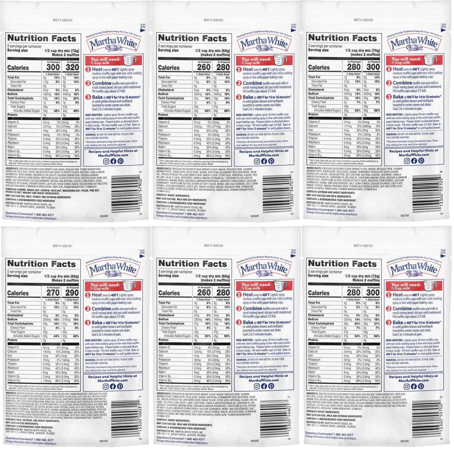 Martha White Muffin Mix Sampler Package with Favorite Banana Nut - 6 Pack of Various Flavors