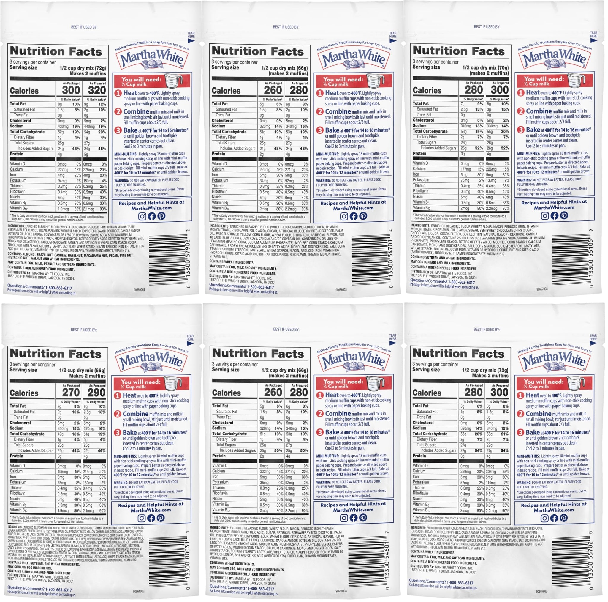 Martha White Muffin Mix Sampler Package with Favorite Banana Nut - 6 Pack of Various Flavors