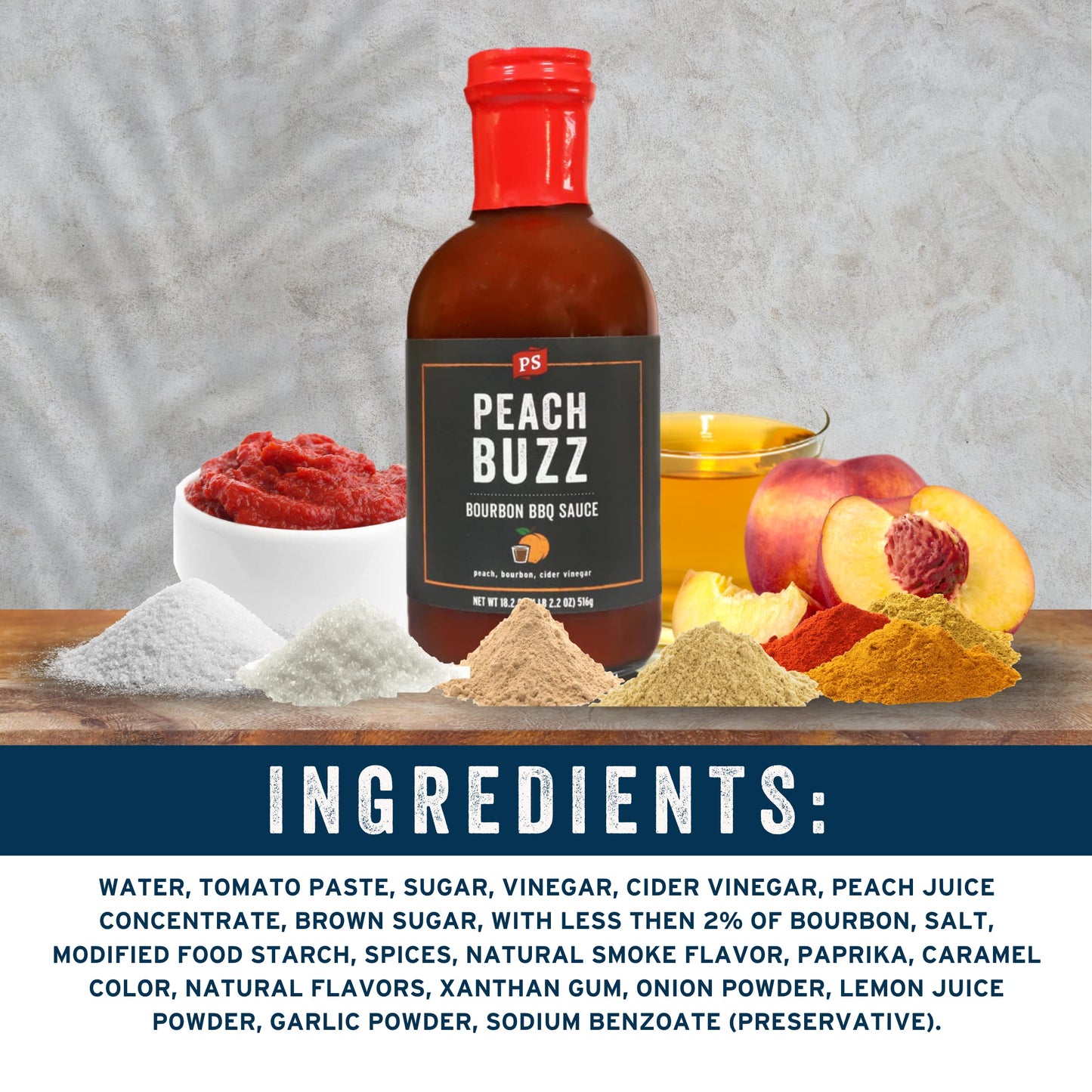 PS Seasoning Peach Buzz Bourbon BBQ Sauce - All-Purpose Sauce for Glazing, Marinating, Basting, and Dipping - Great for Ribs, Pork Chops, Chicken