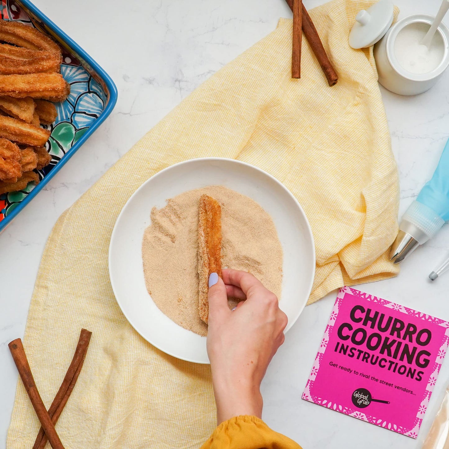 Global Grub DIY Churro Kit - Homemade Churro Kit Includes Churro Mix, Cinnamon Sugar, Chocolate Dipping Mix, Churro Piping Set, Cooking Instructions