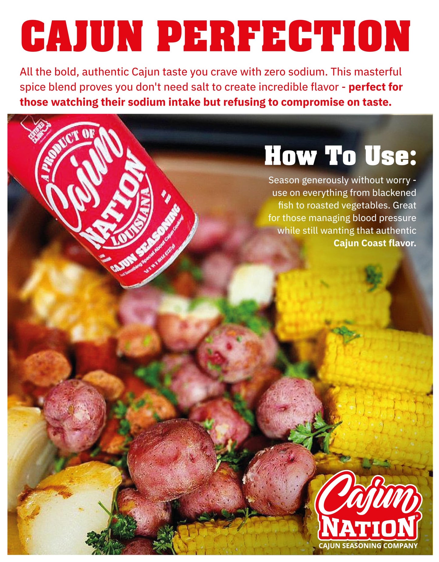 Cajun Nation NO SALT Cajun Seasoning 5 oz - Gluten Free, No MSG- Louisiana Spicy Cajun Seasoning for Turkey, Jambalaya, Gumbo, Seafood & More, 2-Pack