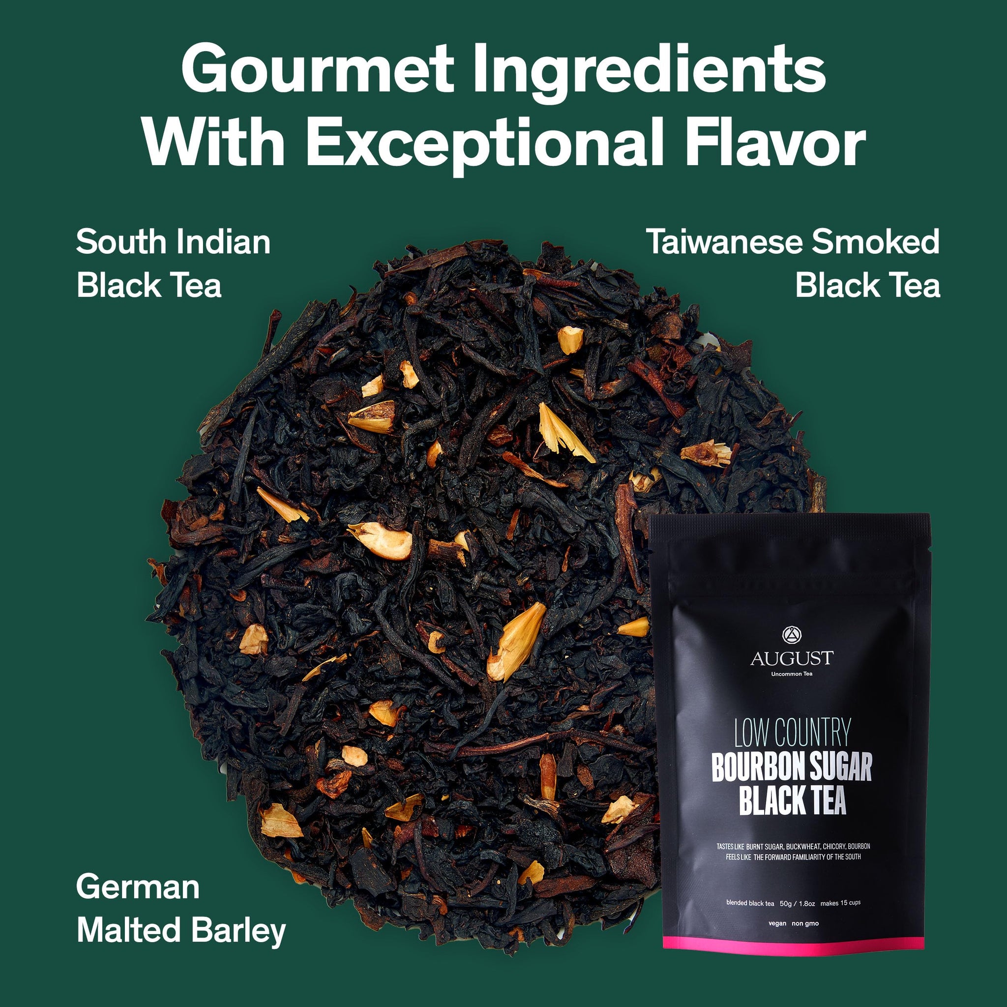 August Uncommon Low Country Bourbon Sugar Black Tea - Vegan, Non-GMO Loose Tea Leaves - Wild Flavor - 1.75oz Resealable Pouch