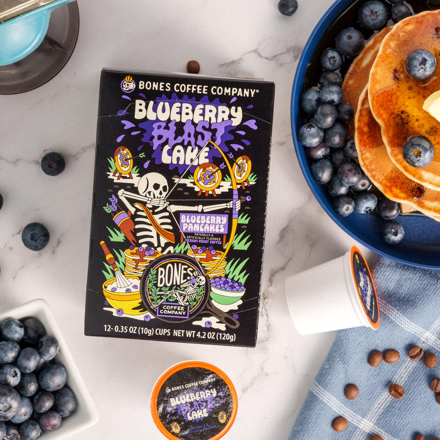 Bones Coffee Company Blueberry Blast Cake, Blueberry Pancake Flavored Coffee Pods, Low Acid Medium Roast Single-Serve Bones Cups, For 1.0 & 2.0 K-Cups