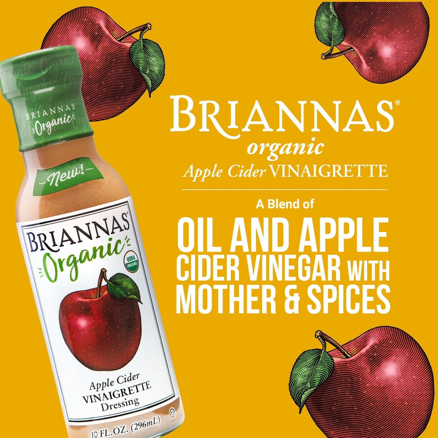 BRIANNAS - Organic Apple Cider Vinaigrette Dressing - Certified Kosher & Organic Salad Dressing made with Premium Ingredients - 10 oz. Bottle