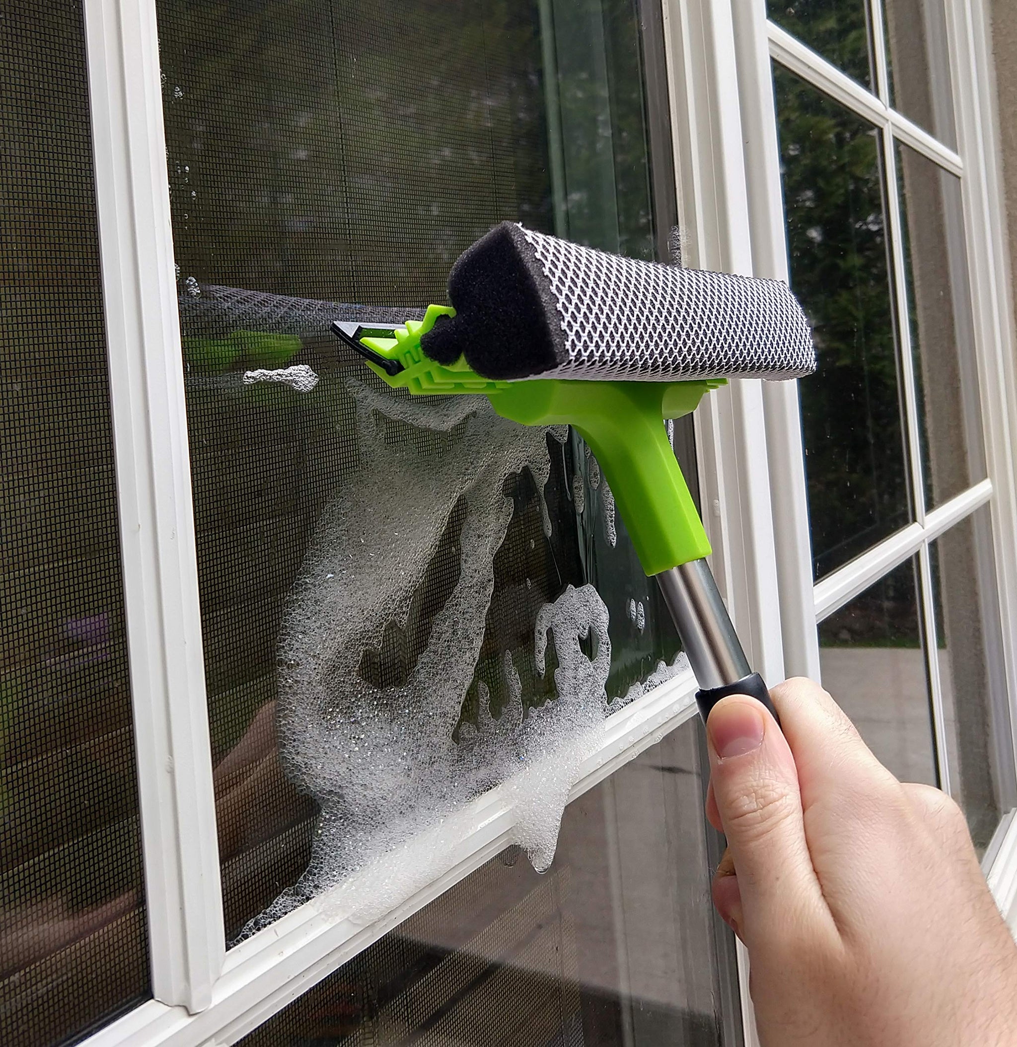 Window Squeegee Cleaning Tool | Squeegee Cleaner for Windows, Glass, Car Windshield | 2-in-1 Squeegee and Scrubber Sponge Washing Kit | Multi-Surface