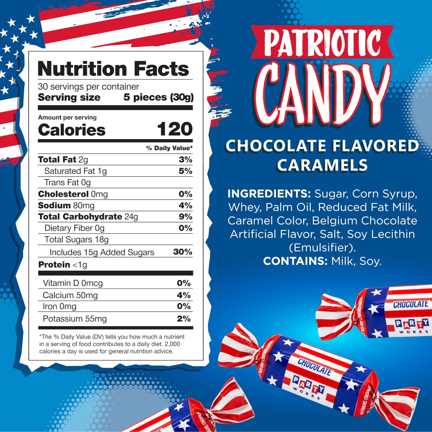 Patriotic Candy | 2-Pound Bag | 4th of July Candy | Chocolate Caramels | Red White and Blue Candies Individually Wrapped | Bulk Parade Taffies