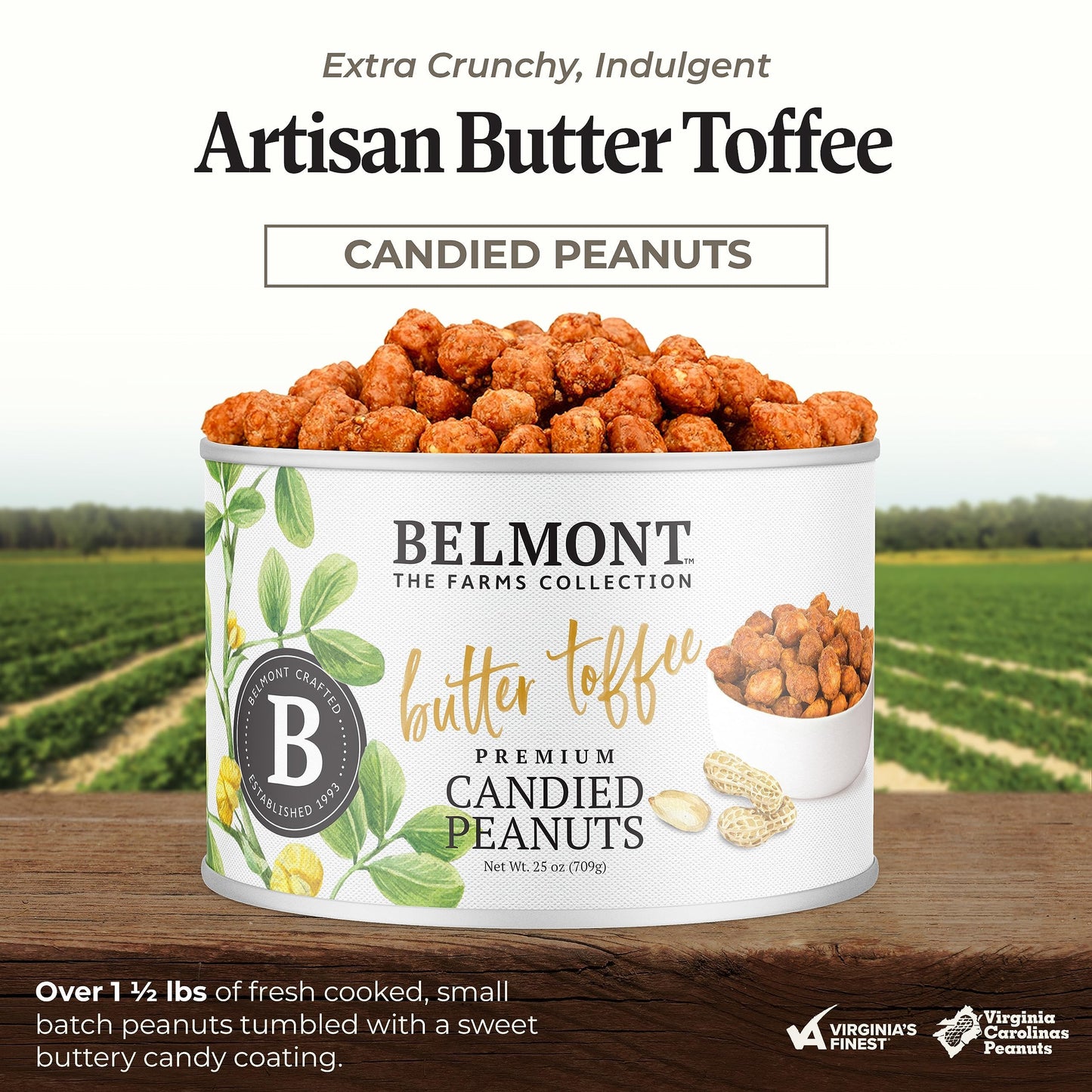 Belmont Peanuts Gourmet Butter Toffee Candied Peanuts, 25 oz (1 Pack) - Only 4 Ingredients, No Preservatives, 3g Protein - A Premium, Sweet, Buttery