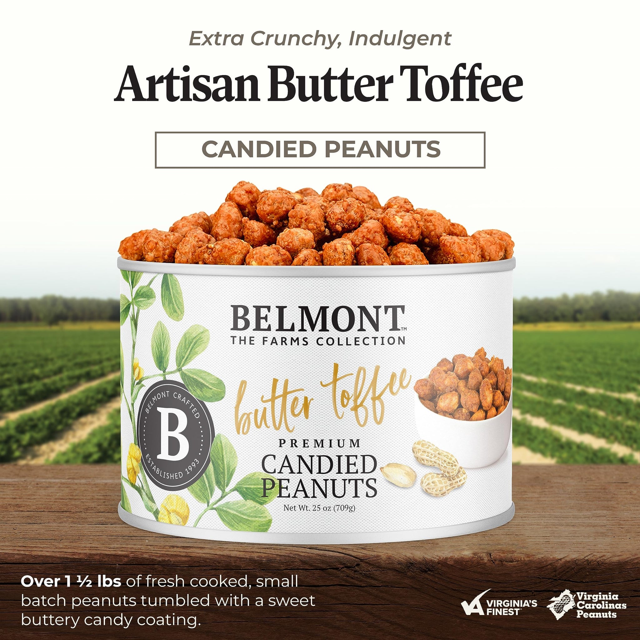 Belmont Peanuts Gourmet Butter Toffee Candied Peanuts, 25 oz (1 Pack) - Only 4 Ingredients, No Preservatives, 3g Protein - A Premium, Sweet, Buttery