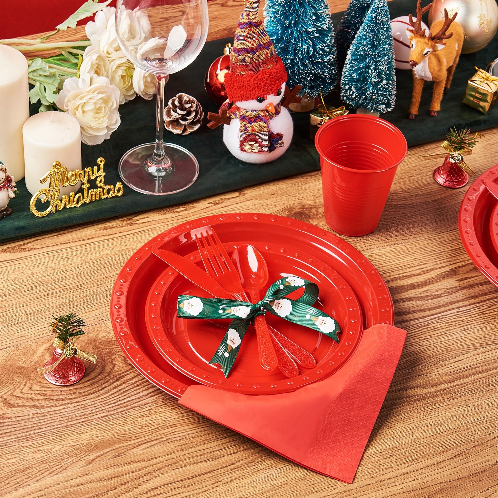 175 PCS Red Plastic Dinnerware Set Includes 50 Plates, 25 Cups, 25 Napkins, 25 Cutlery Spoons Forks & Knives, Disposable Dinnerware Set, Red Party