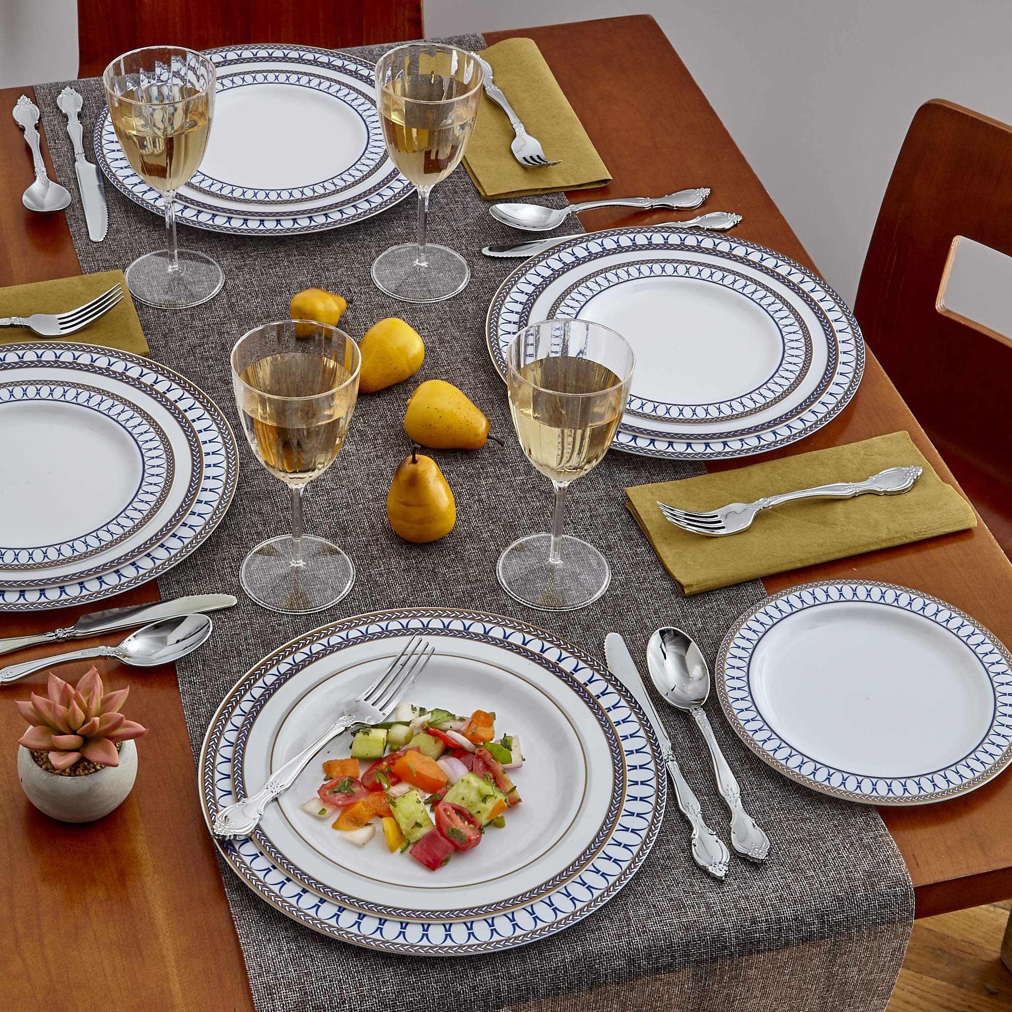 SILVER SPOONS DISPOSABLE SALAD PLATES | 20 pc | Heavy Duty Plastic Dishes | Elegant Fine China Look | Renaissance - Royal Blue (9”)