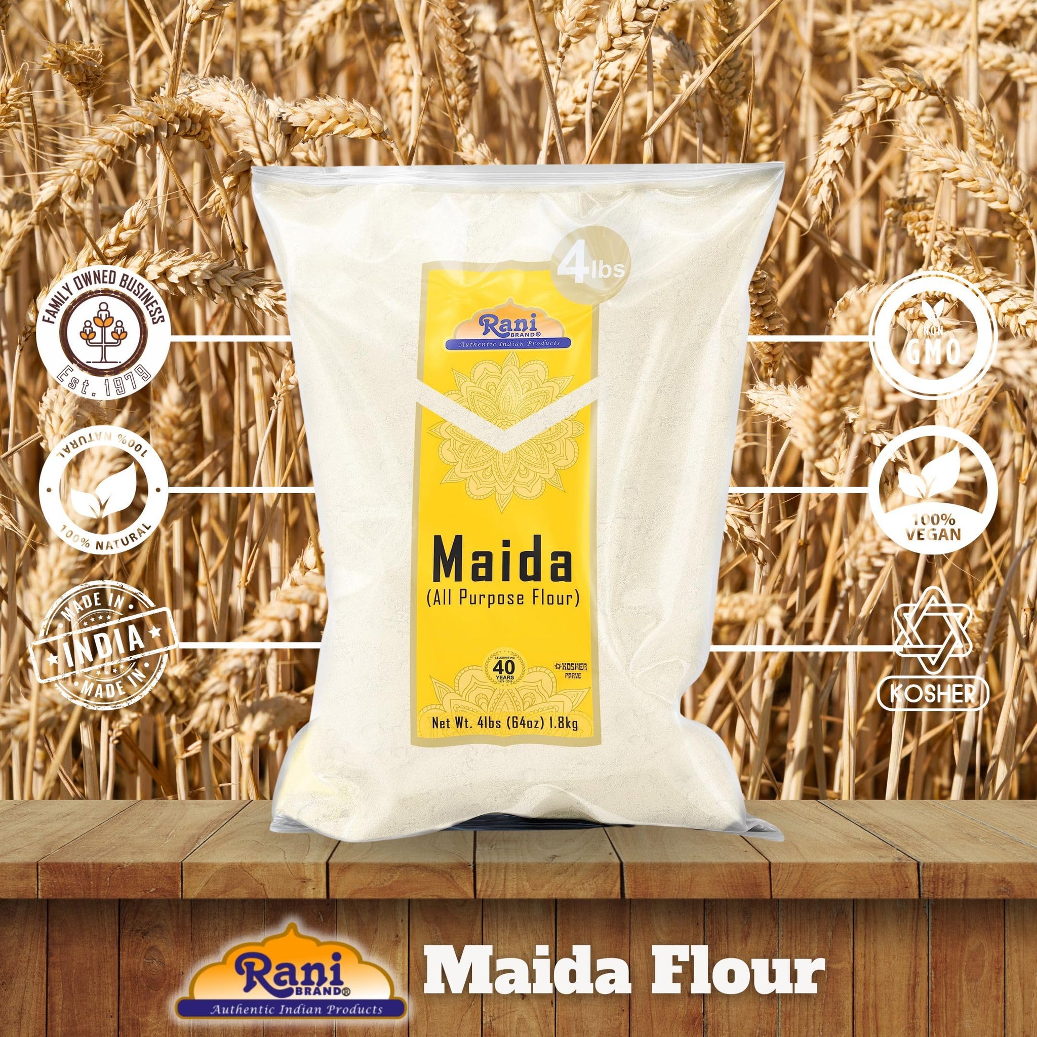 Rani Maida Flour (Indian All Purpose Flour) 64oz (4lbs) 1.81kg Bulk ~ All Natural | Vegan | Gluten Friendly | NON-GMO | Kosher | Indian Origin
