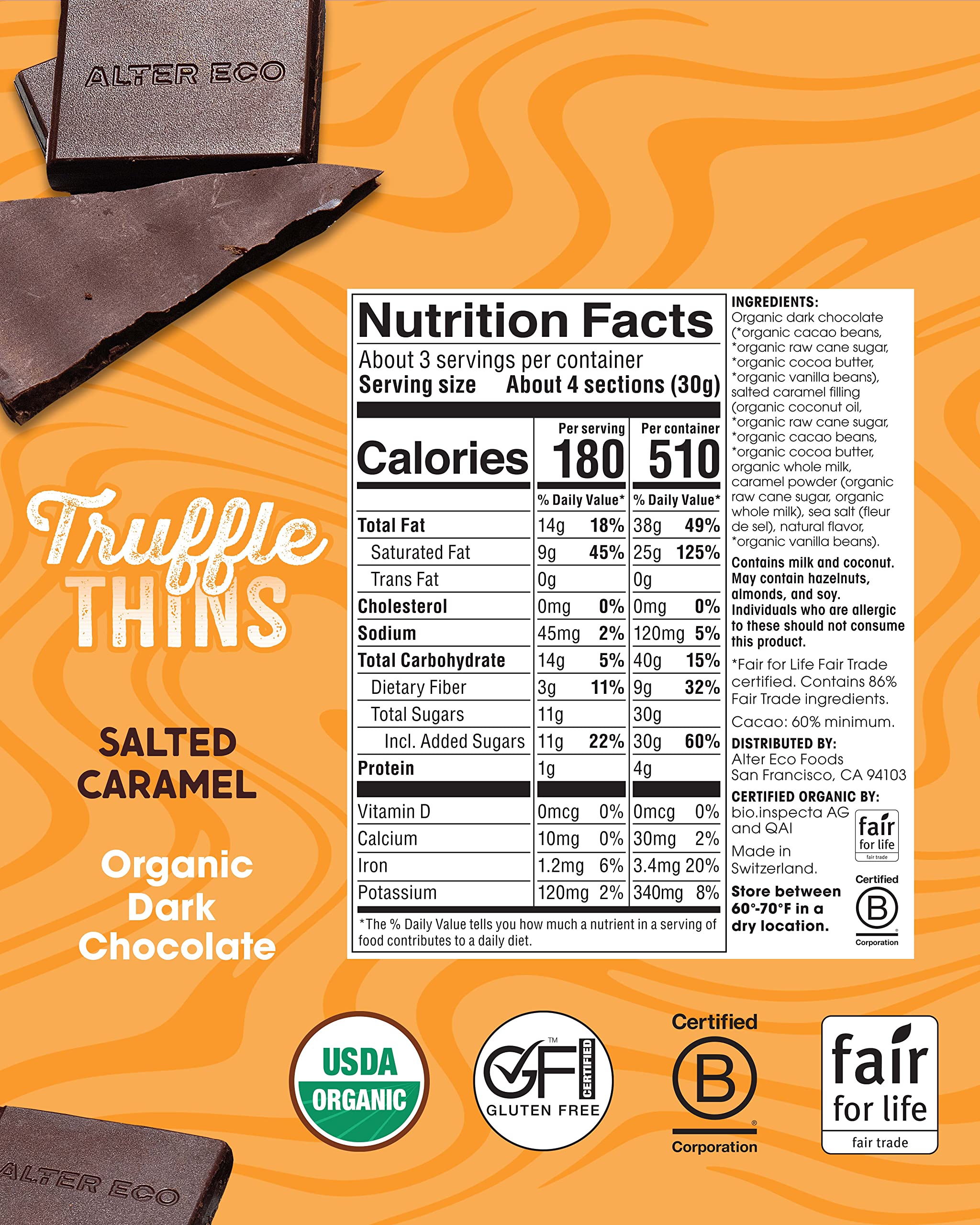 Alter Eco Salted Caramel Truffle Thins, Chocolate Bar with Gooey Ganache Truffle Filling, Organic, Gluten-Free, Non-GMO Snacks, No Additives or