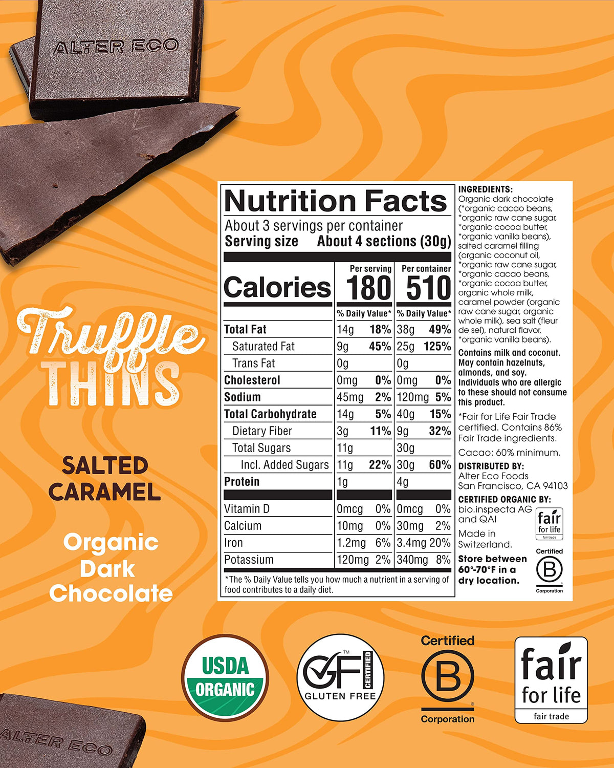 Alter Eco Salted Caramel Truffle Thins, Chocolate Bar with Gooey Caramel Ganache Truffle Filling, Organic, Gluten-Free, Non-GMO Snacks, No Additives