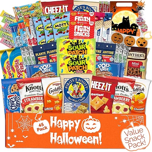 Halloween Snack Box with Candy, Cookies, Bars, Snacks and Toys (45 Count) - Fun Halloween Care Package for College Students, Kids & Teens, Trick or