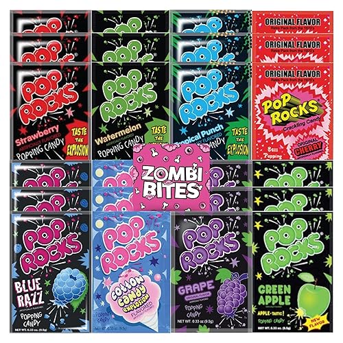 Popping Candy Variety Pack Bundle. Includes Twenty-Four - 0.33 Oz Pop Rocks Candy and a Zombibites Fridge Magnet! Three Each of Eight Fruity Flavors