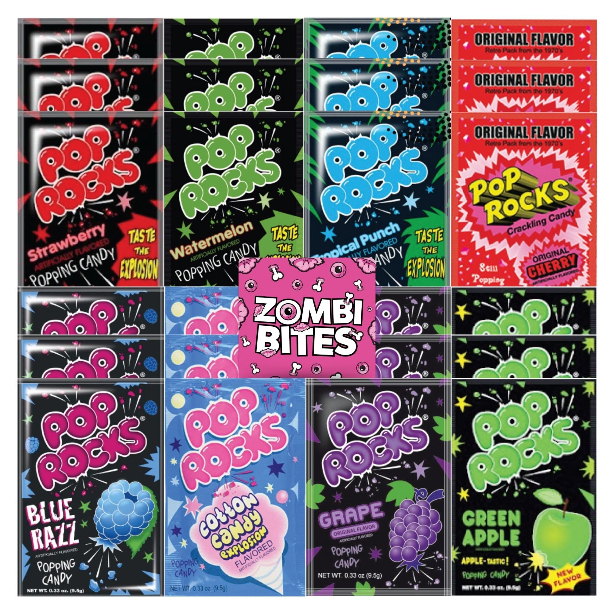 Popping Candy Variety Pack Bundle. Includes Twenty-Four - 0.33 Oz Pop Rocks Candy and a Zombibites Fridge Magnet! Three Each of Eight Fruity Flavors