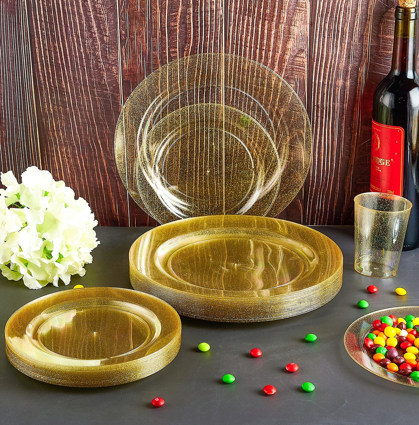 Vplus 150 pcs Gold Plastic Plates with Disposable Plastic Silverware, Cups, Gold Glitter Design includes Dinner and Salad Plates, Forks, Knives