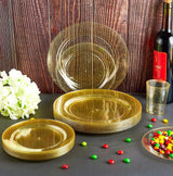 Vplus 150 pcs Gold Plastic Plates with Disposable Plastic Silverware, Cups, Gold Glitter Design includes Dinner and Salad Plates, Forks, Knives
