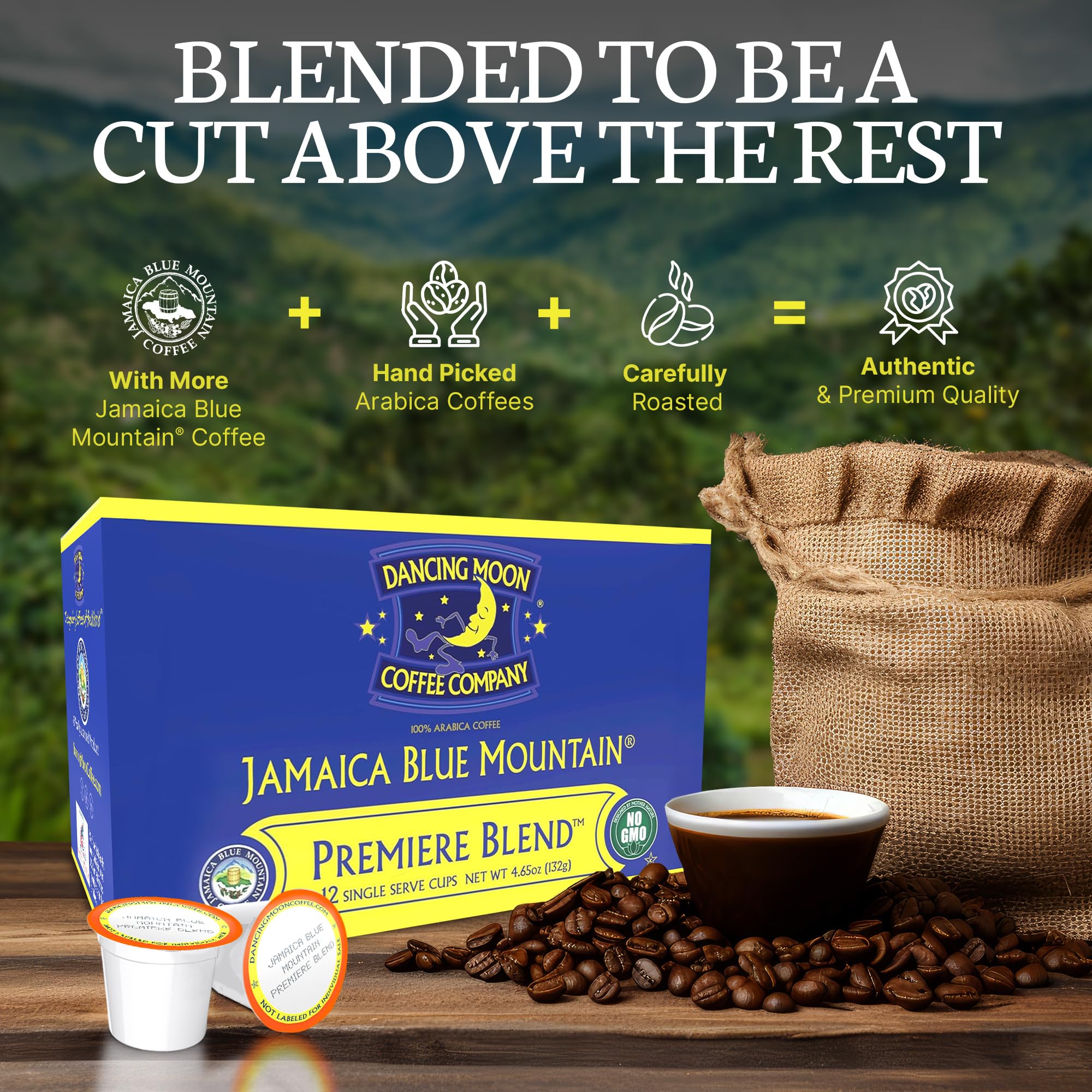 Dancing Moon Coffee Pods - Premiere Blend Jamaica Blue Mountain Coffee Beans, Medium Roast, Compatible with Keurig KCup Brewers, Small-Batch Crafted