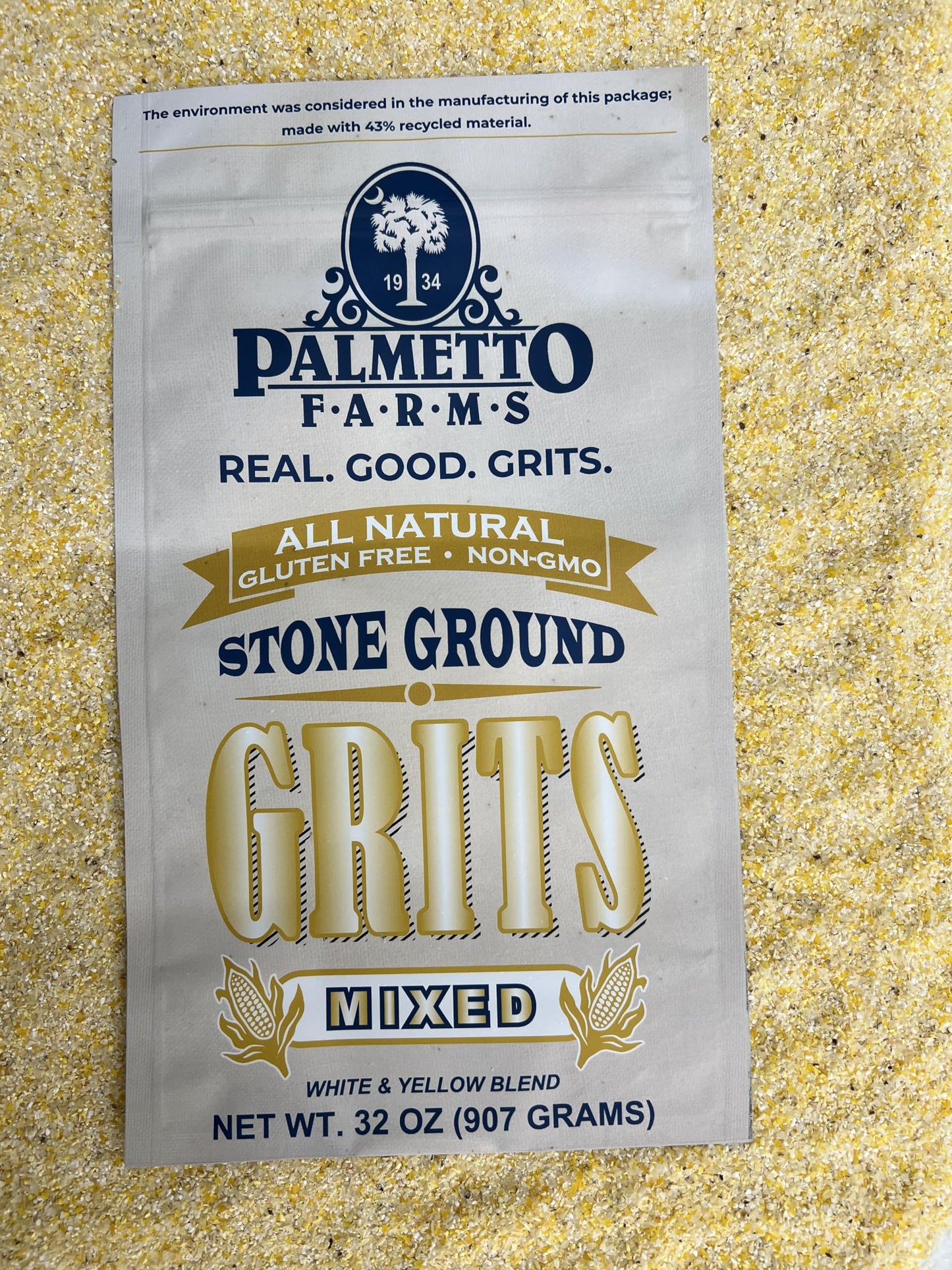 Palmetto Farms Mixed Yellow and White Stone Ground Grits 2 LB - Non-GMO - Just All Natural Corn, No Additives - Naturally Gluten Free, Produced in