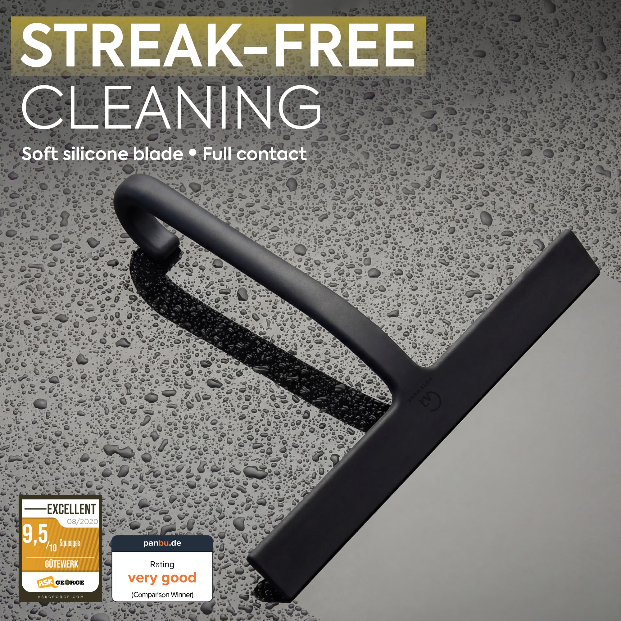GÜTEWERK Shower Squeegee for Glass Doors - Bathroom Squeegee for Shower Glass & Tile Walls, Streak-Free & No-Squeak Silicone Blade, Stainless Steel