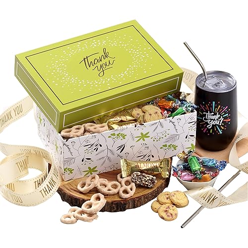Broadway Basketeers Thank You Chocolate and Sweets Gift Box with a large 16oz. Insulated Thank You Gift Mug Express Your Wishes with This Fun Filled