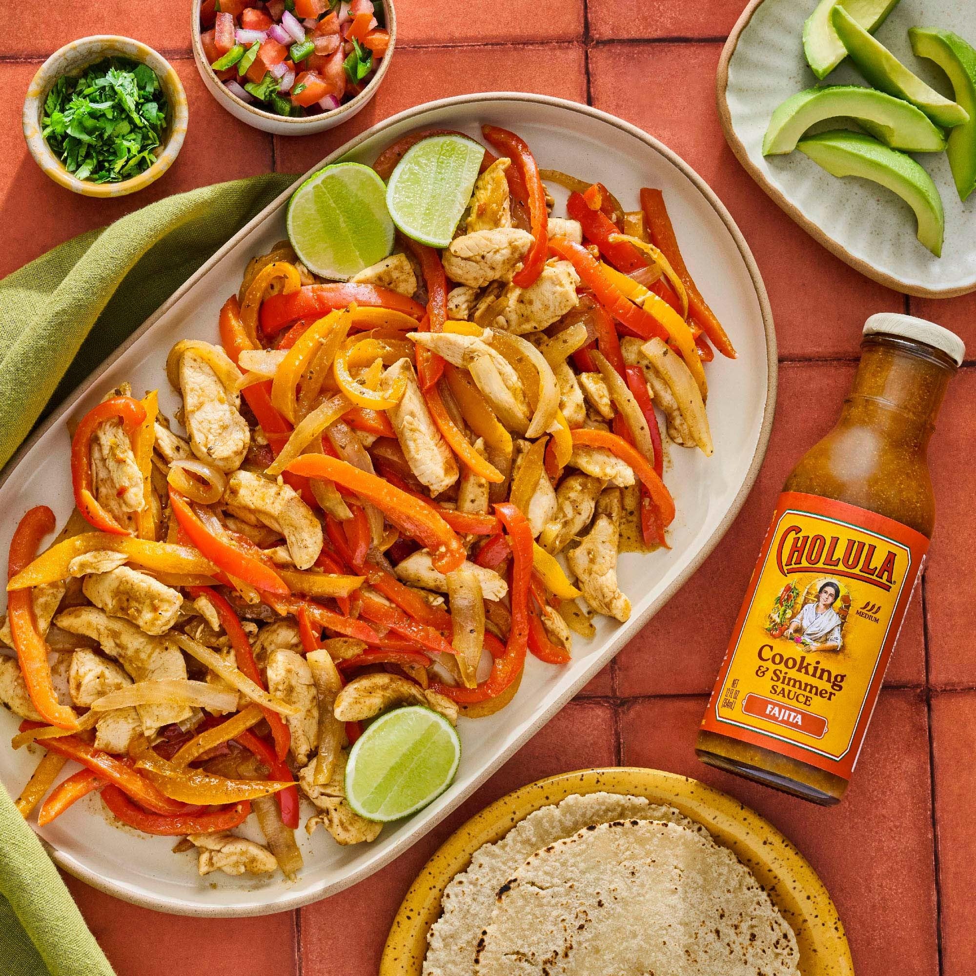Cholula Cooking & Simmer Sauce, Fajita, Medium Heat, For Chicken, Steak, Shrimp & Veggie Fajitas, 12 fl oz