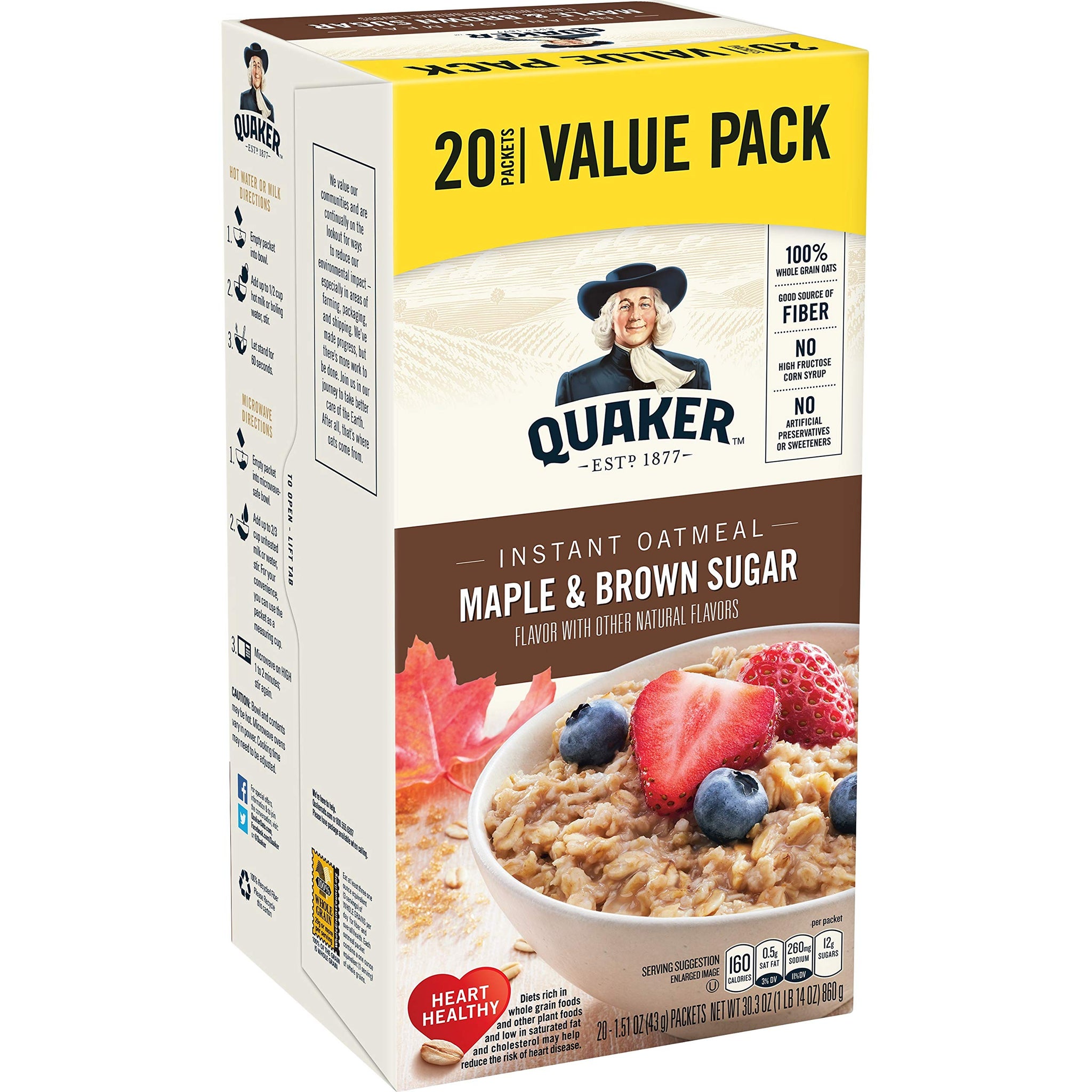 Quaker Maple & Brown Sugar Instant Oatmeal, 20 Count, 1.51 oz Packets