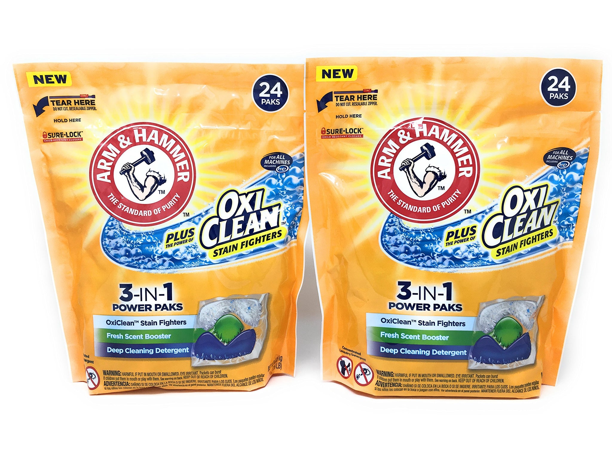 Arm & Hammer 3-IN-1 Laundry Detergent Power Paks, Fresh Scent with OxiClean, 24 ct (Pack of 2)