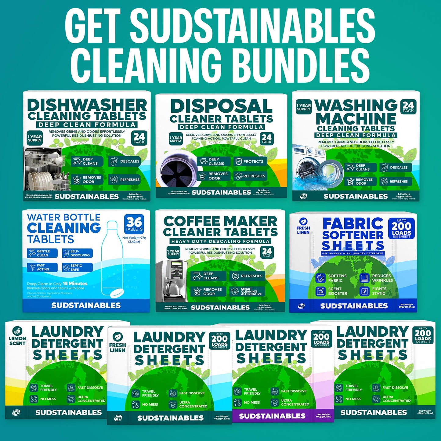 Sudstainables Dishwasher Cleaner and Deodorizer Tablets, 24 Pack - Dishwasher Cleaning Tablets for Odor and Buildup Removal, Descaler - 1-Year Supply