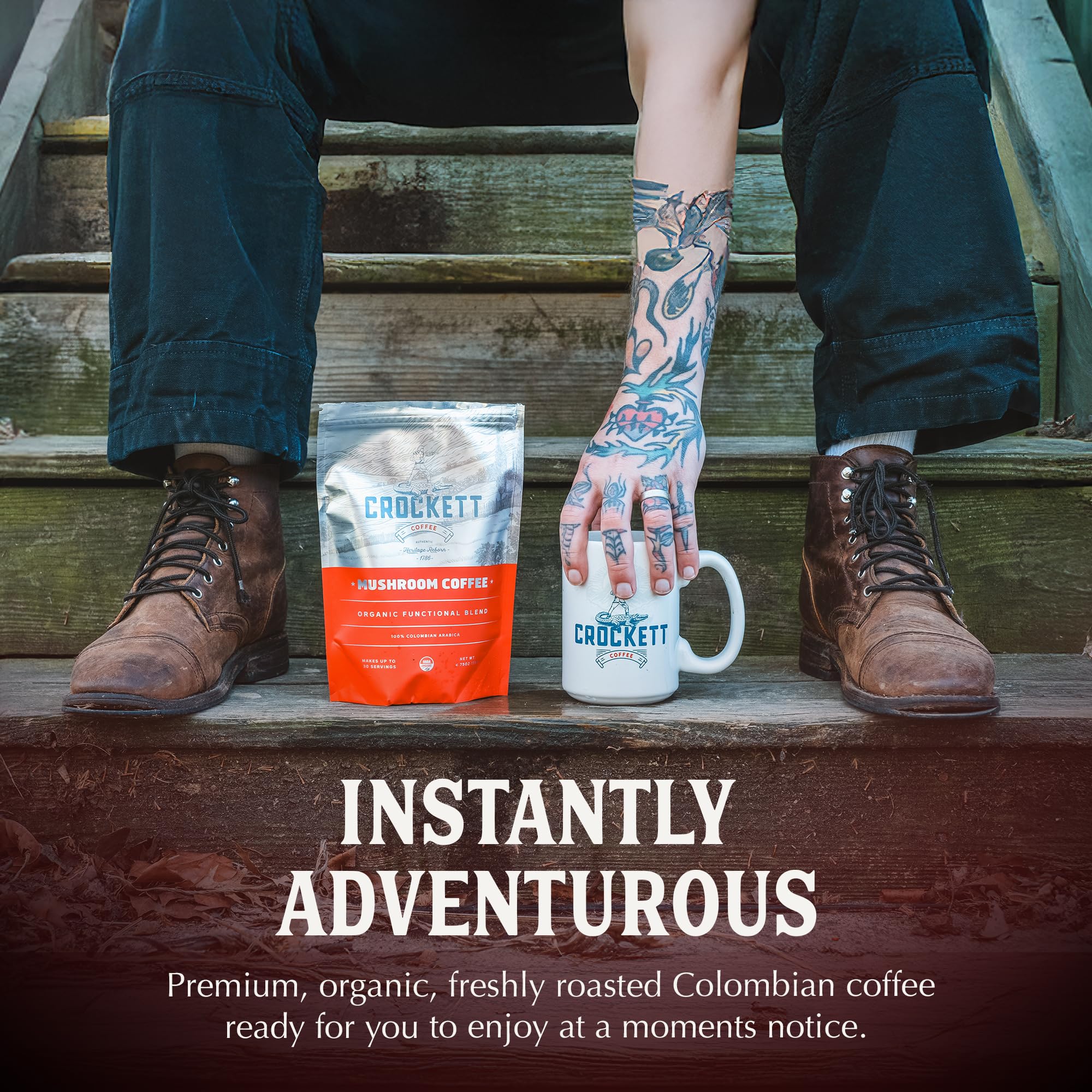 Crockett Coffee Organic Mushroom Coffee with MCT Oil | Antioxidant Rich Functional Blend of 7 Organic Mushrooms for Clear Focus, Gut Health & Clean
