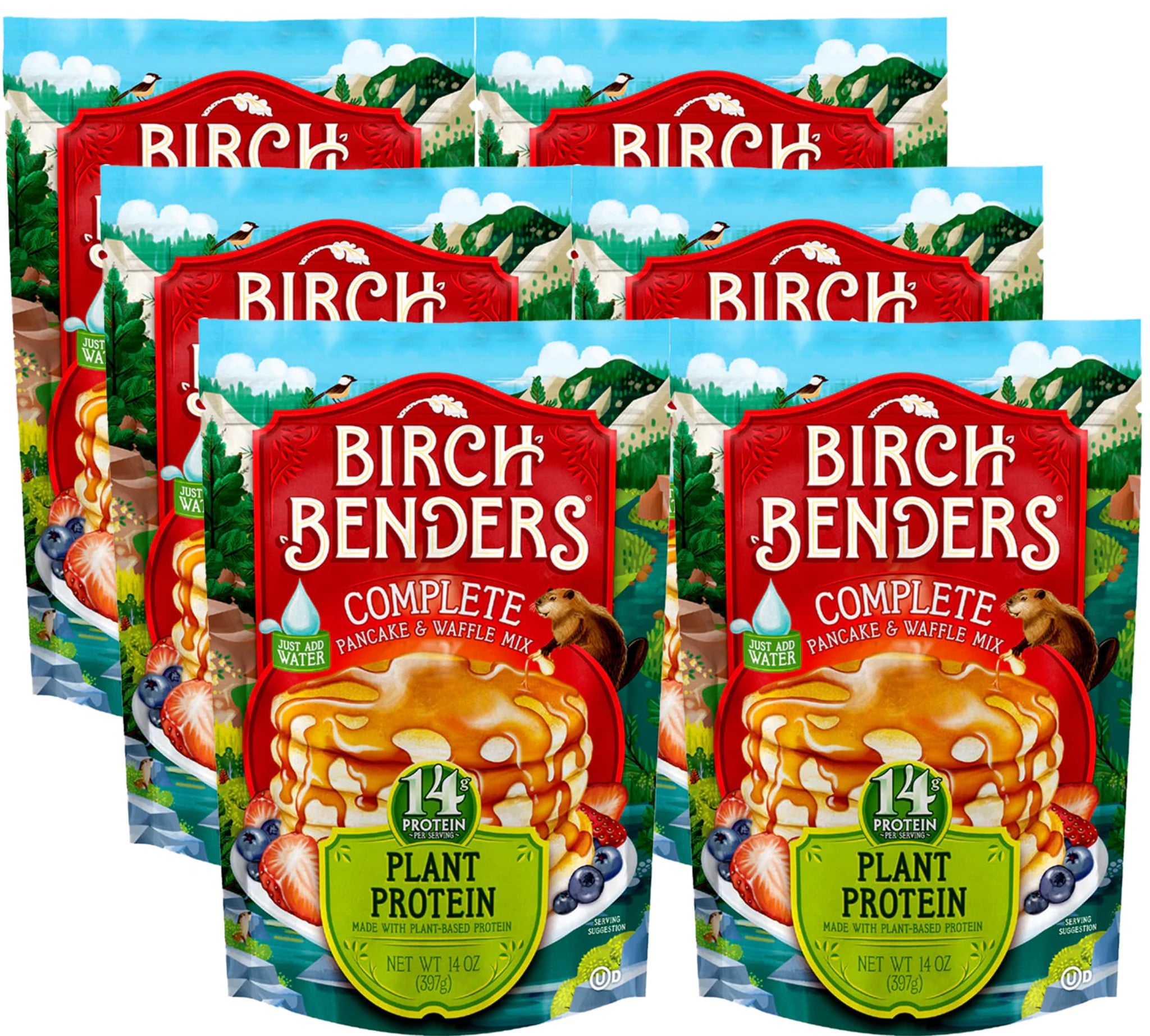 Birch Benders Plant Protein Pancake & Waffle Mix, Vegan, 14g Plant-Based Protein, Just Add Water, 14 oz (Pack of 6)