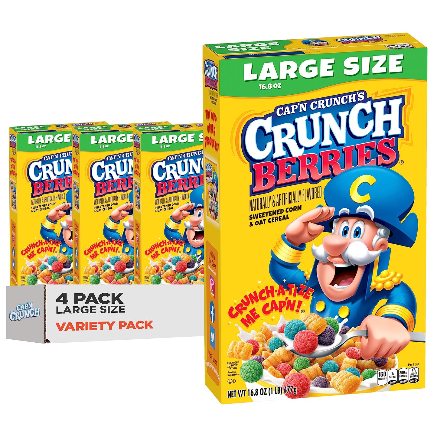 Cap'n Crunch Cereal, Crunch Berries, 16.8oz Boxes (4 Pack)