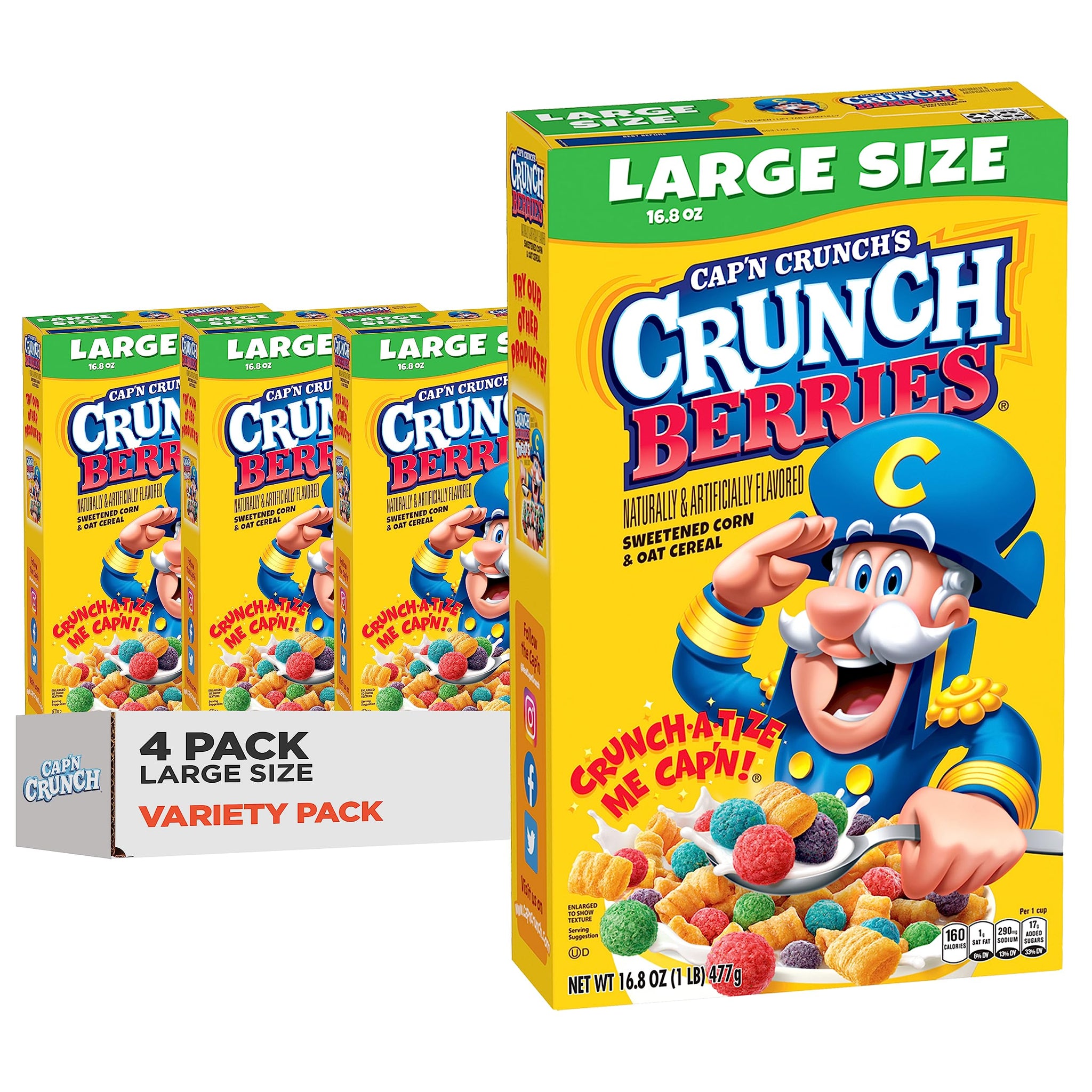 Cap'n Crunch Cereal, Crunch Berries, 16.8oz Boxes (4 Pack)