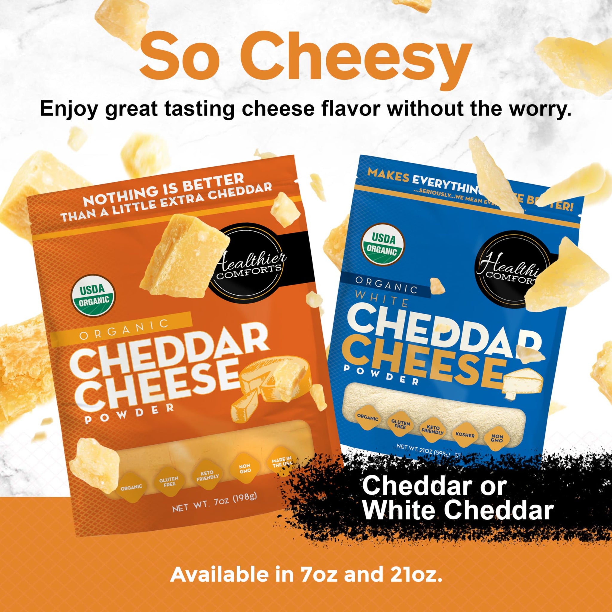 Healthier Comforts Organic Cheddar Cheese Powder | Gluten Free, Keto-Friendly, Non-GMO, Antibiotic & Hormone Free | Perfect for Popcorn Seasoning, Mac