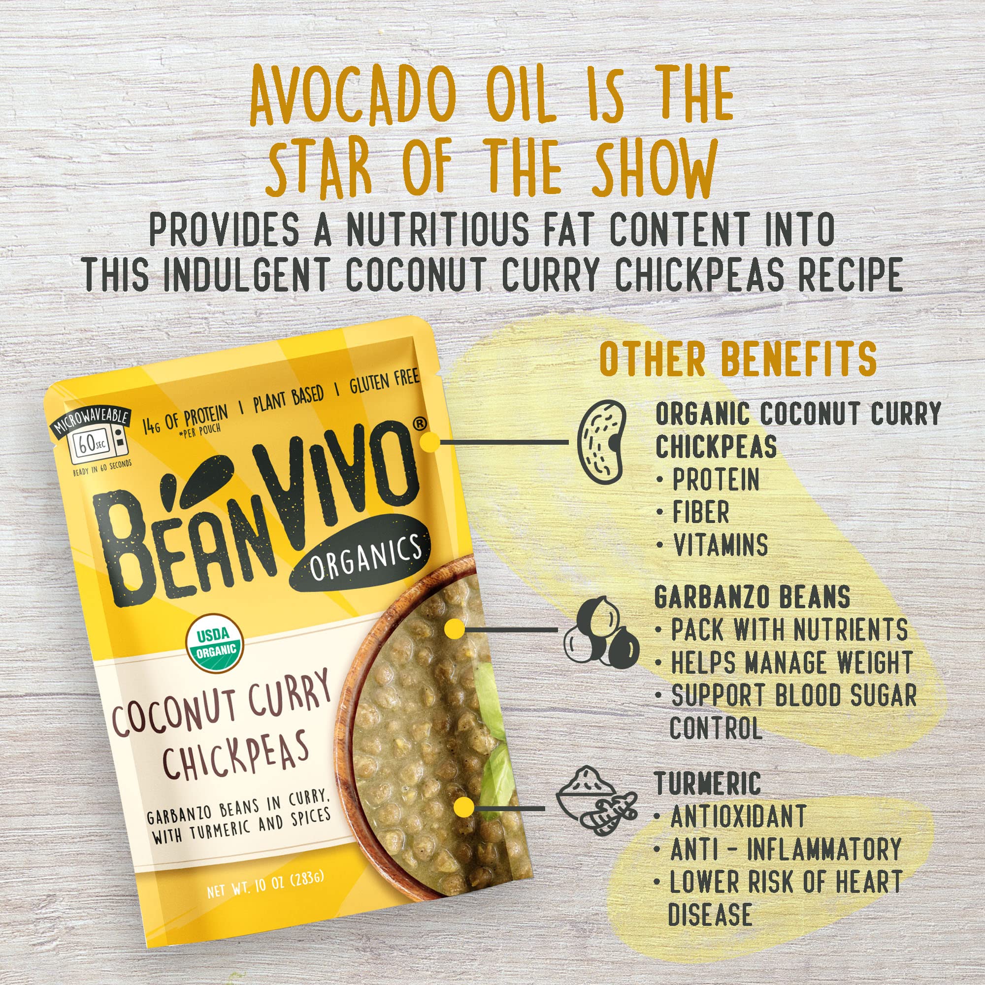 BeanVIVO (Pack of 6) Organics 14g Plant based Protein Coconut Curry Chickpeas - Good Source of Fiber - Nutritious & Microwave Meals - Gluten-Free