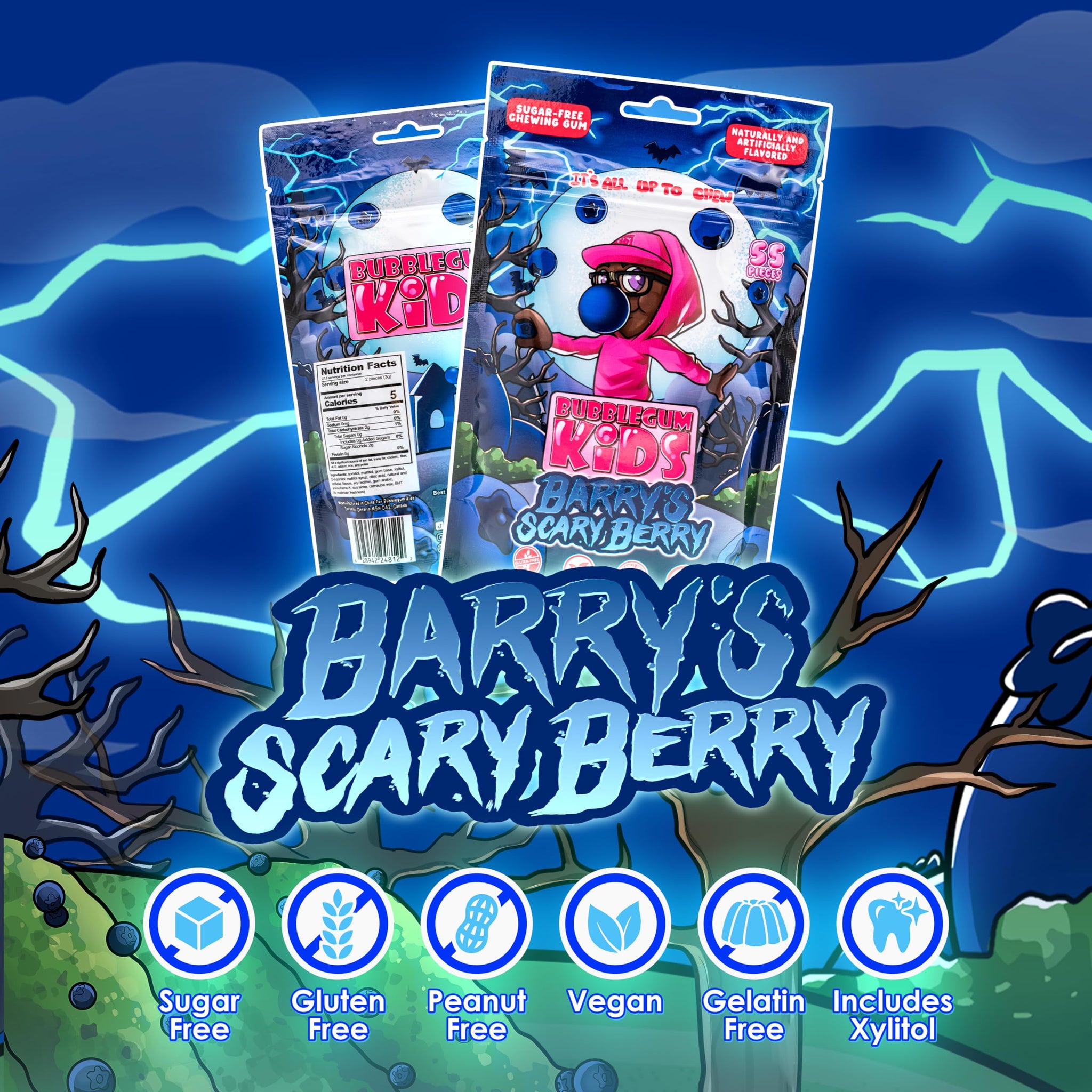 Bubblegum Kids Barry’s Scary Berry Sugar Free Gum | Blueberry Flavor Sugarless Gum with Xylitol | Vegan, Low Calorie Candy Alternative for Kids