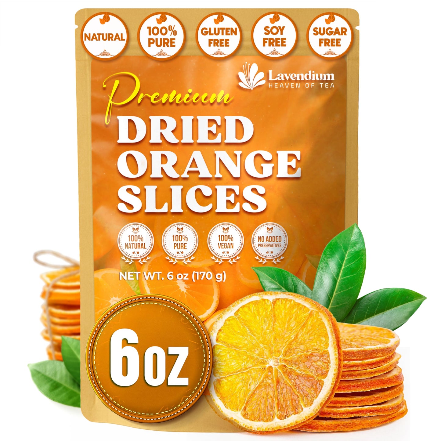 Lavendium, Premium 6oz Dried Orange Slices, 100% Natural & Pure, No Additives or Preservatives, Non-GMO, Plant-Based & Vegan, Perfect for Tea