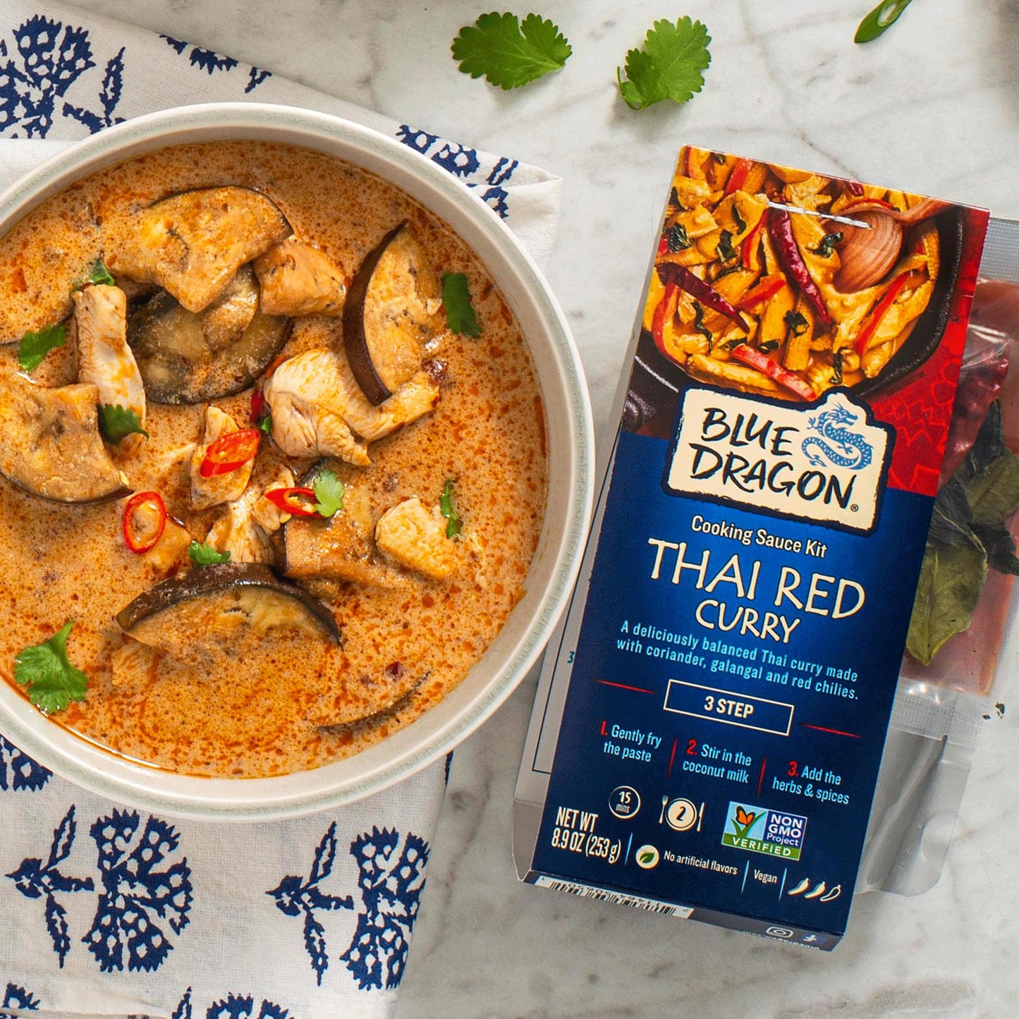 Blue Dragon 3 Step Thai Red Curry Kit - 8.9 oz (Pack of 2) - Pre-Portioned Sachets of Authentic Thai Red Curry Paste, Coconut Milk, & Aromatic Herbs