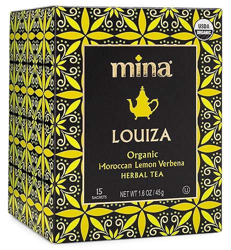 Mina Louiza, Organic Moroccan Lemon Verbena Tea, Organic Herbal Tea Bags, 15 Biodegradable Sachets, Refreshing Lemon Tea, Caffeine Free, Moroccan